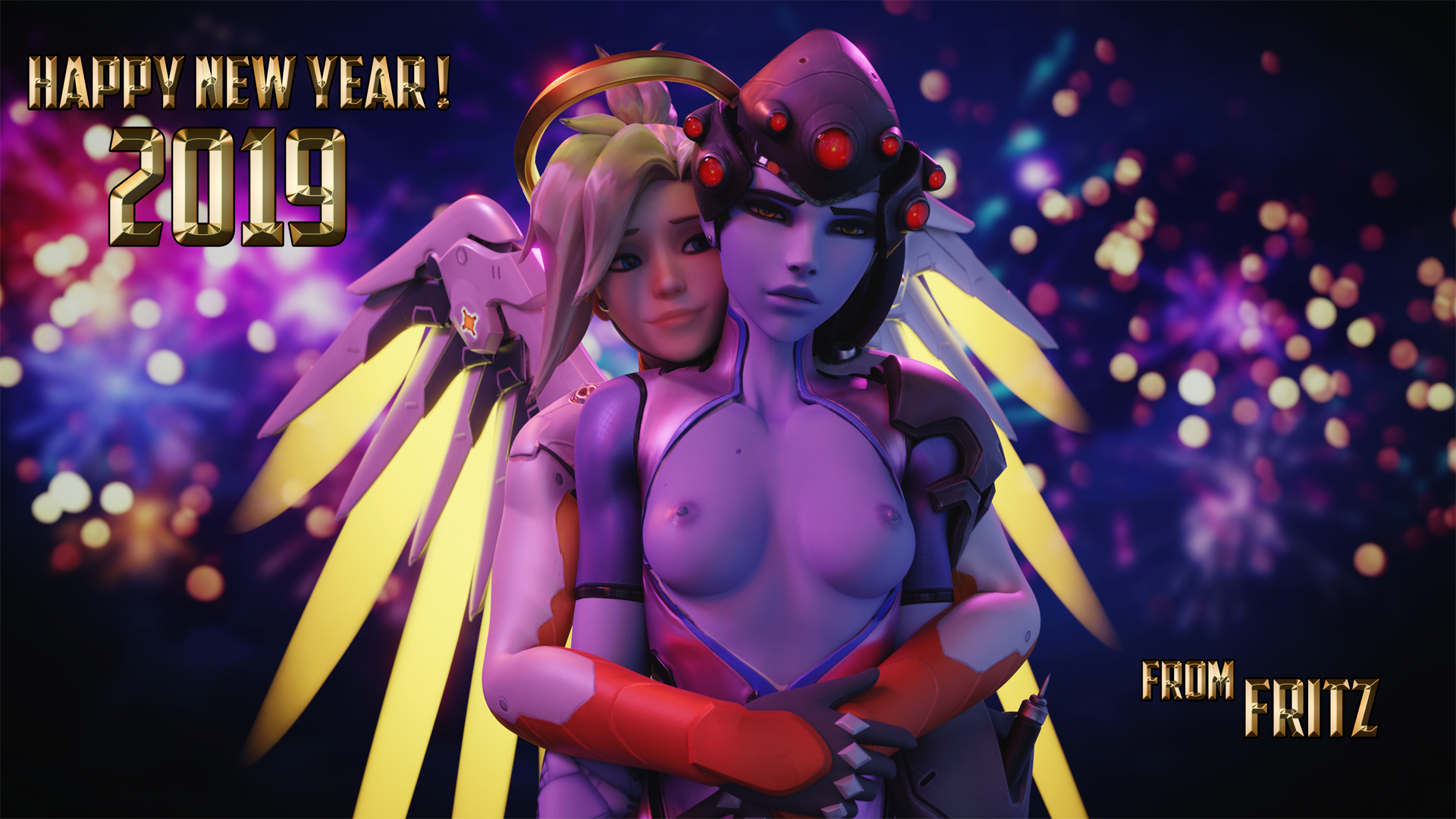 fritzhq, mercy, widowmaker, overwatch, 3d, blender, 2girls, areolae, breasts, female, female only, looking at viewer, nipples, 