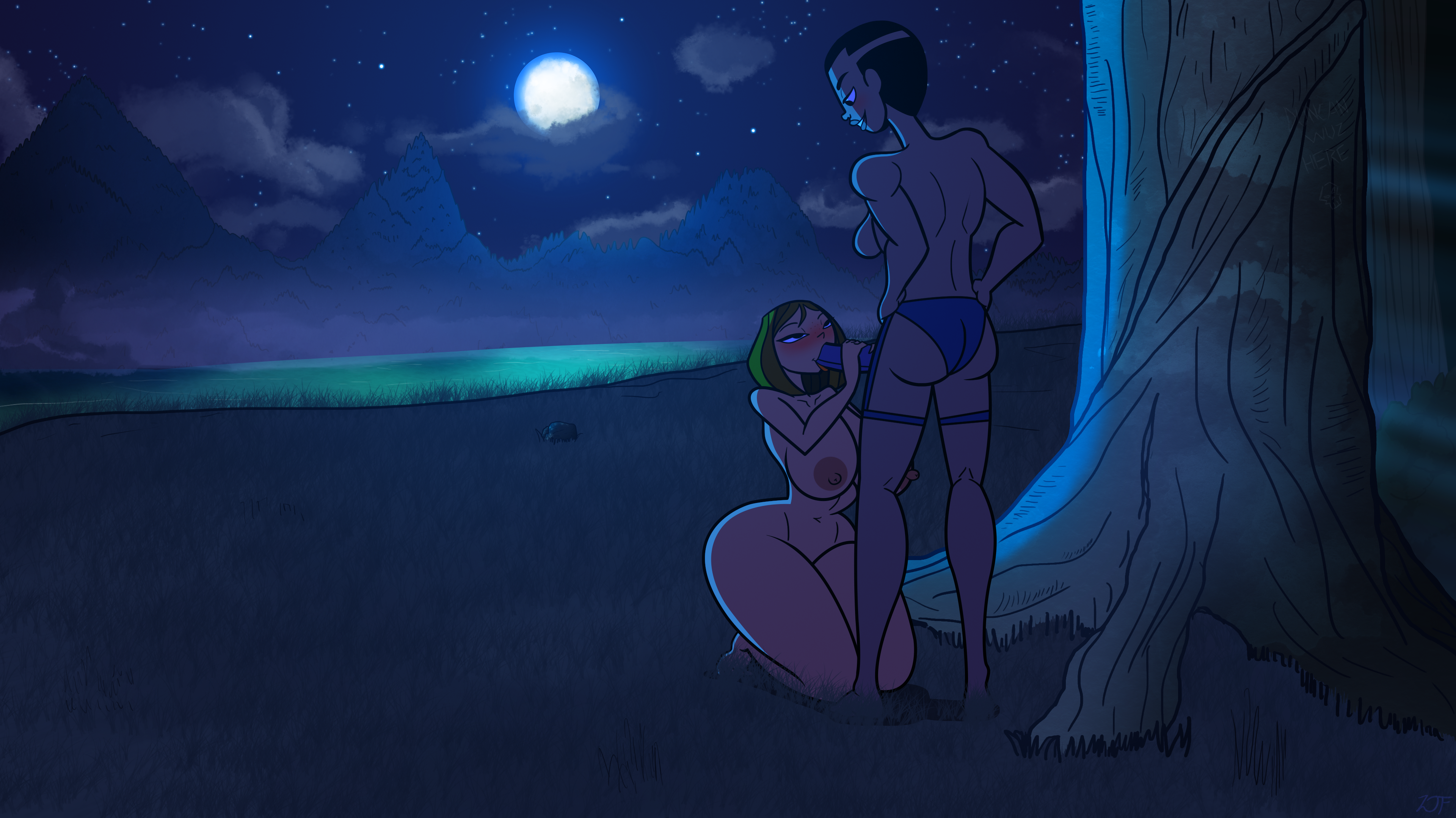 rustysh4ckl3ford, courtney (tdi), original character, total drama island, 2girls, abs, big ass, big dildo, black eyes, black hair, blowjob, brown hair, clouds, female only, fog, forest, freckles, full moon, grass, huge breasts, huge cock, lake, landscape, large breasts, lesbian sex, makeup, moon, moonlight, mountain, muscles, muscular female, naked, night, nude, orange lipstick, plump, short hair, smile, stars, strap-on, strap-on sex, sucking, sucking penis, thick ass, thick thighs, tongue out, tree, water, yuri, 