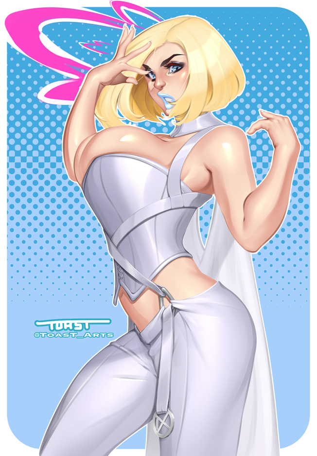 artist_name big_breasts blonde_female blonde_hair blue_eyes blue_lipstick breasts cleavage cleavage_overflow corset emma_frost large_breasts light-skinned_female light_skin marvel marvel_comics overflowing_breasts side_view toast-arts white_queen x-men