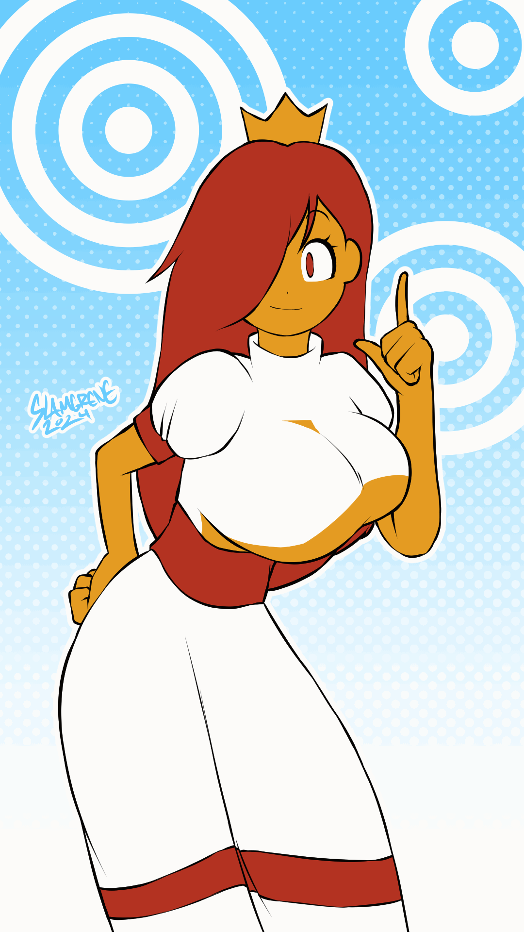 1girls animated big_breasts blue_background bouncing_breasts breasts dark-skinned_female dark_skin female hair_over_one_eye huge_breasts large_breasts looking_at_viewer mario_(series) meme nintendo polka_dot polka_dot_background princess_peach princess_peach_sprite_redraw_(meme) princess_toadstool red_eyes red_hair shaking_hips solo white_dress white_outline