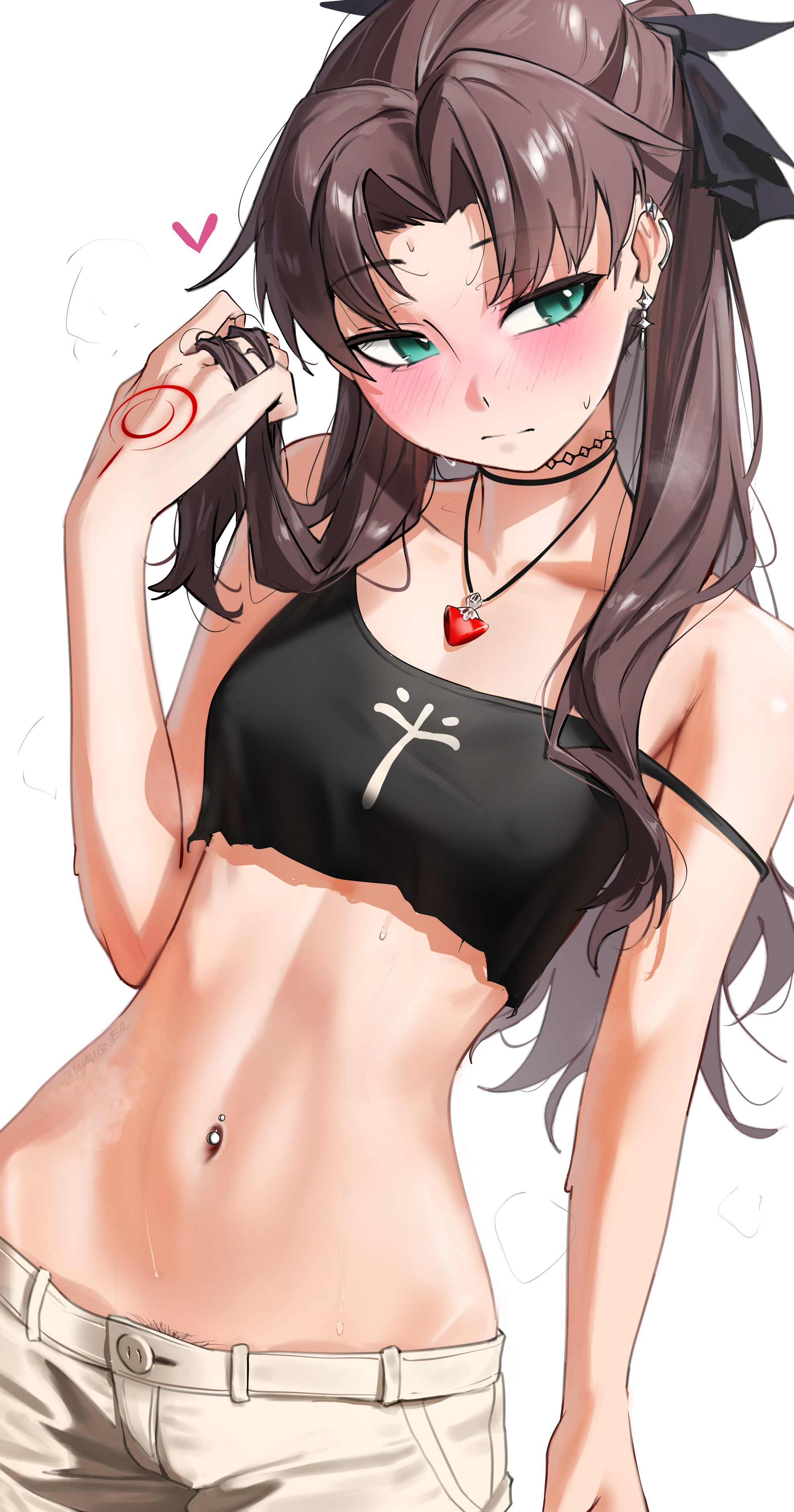 abdomen belly belly_button blonde_female brown_hair fate/extra fate/grand_order fate/stay_night fate/zero fate_(series) female female_only green_eyes navel navel_piercing only petite petite_body piercing ring_piercing small_breasts smaller_female tohsaka_rin waligner