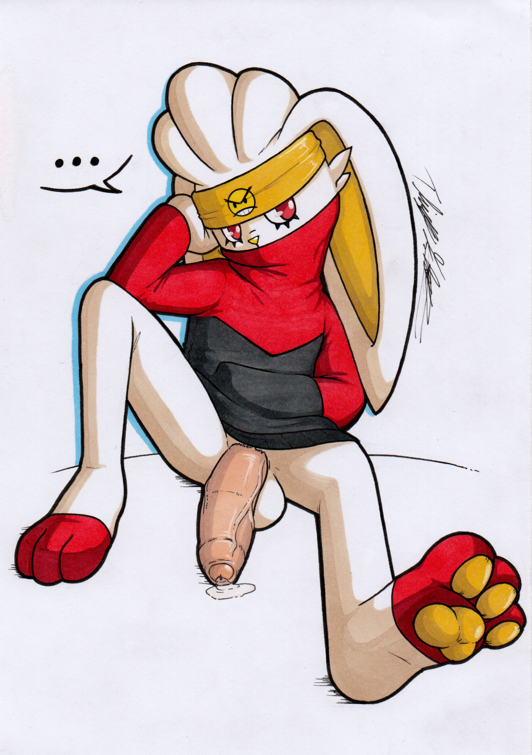 absurd_res anthro balls big_balls big_penis bodily_fluids clothing foreskin generation_8_pokemon genital_fluids genitals hi_res hoodie humanoid_genitalia humanoid_penis kerchief lagomorph male mammal nintendo penis pokemon pokemon_(species) raboot rotten_owl simple_background solo topwear traditional_media_(artwork) uncircumcised white_background white_body