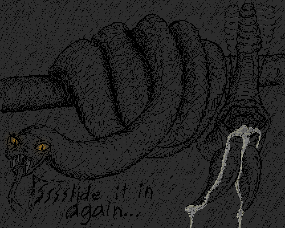 2_penises animal_genitalia animal_penis anus ass bodily_fluids branch coiled_up cum cum_drip cum_in_ass cum_in_gape cum_inside cum_on_penis dialogue diphallia diphallism dripping fangs feral gaping gaping_anus genital_fluids genitals glowing glowing_eyes hemipenes looking_at_viewer male motion_lines multi_genitalia multi_penis noodlybat_(artist) penis pit_viper presenting presenting_anus rattle_(anatomy) rattlesnake reptile scalie snake solo tail tail_motion tailwag teeth
