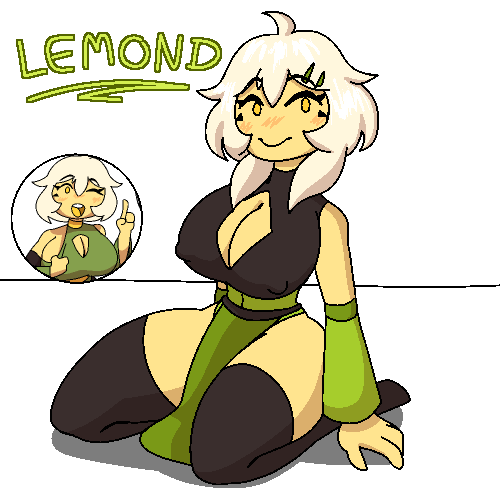 oc, original character, white background, 1girls, big ass, big breasts, blonde hair, clothing, eatlemons, hair clips, kneeling, lemond, lemond(eatlemons), looking at viewer, nipples, nipples visible through clothing, only female, smiling, thighhighs, yellow eyes, yellow skin, 