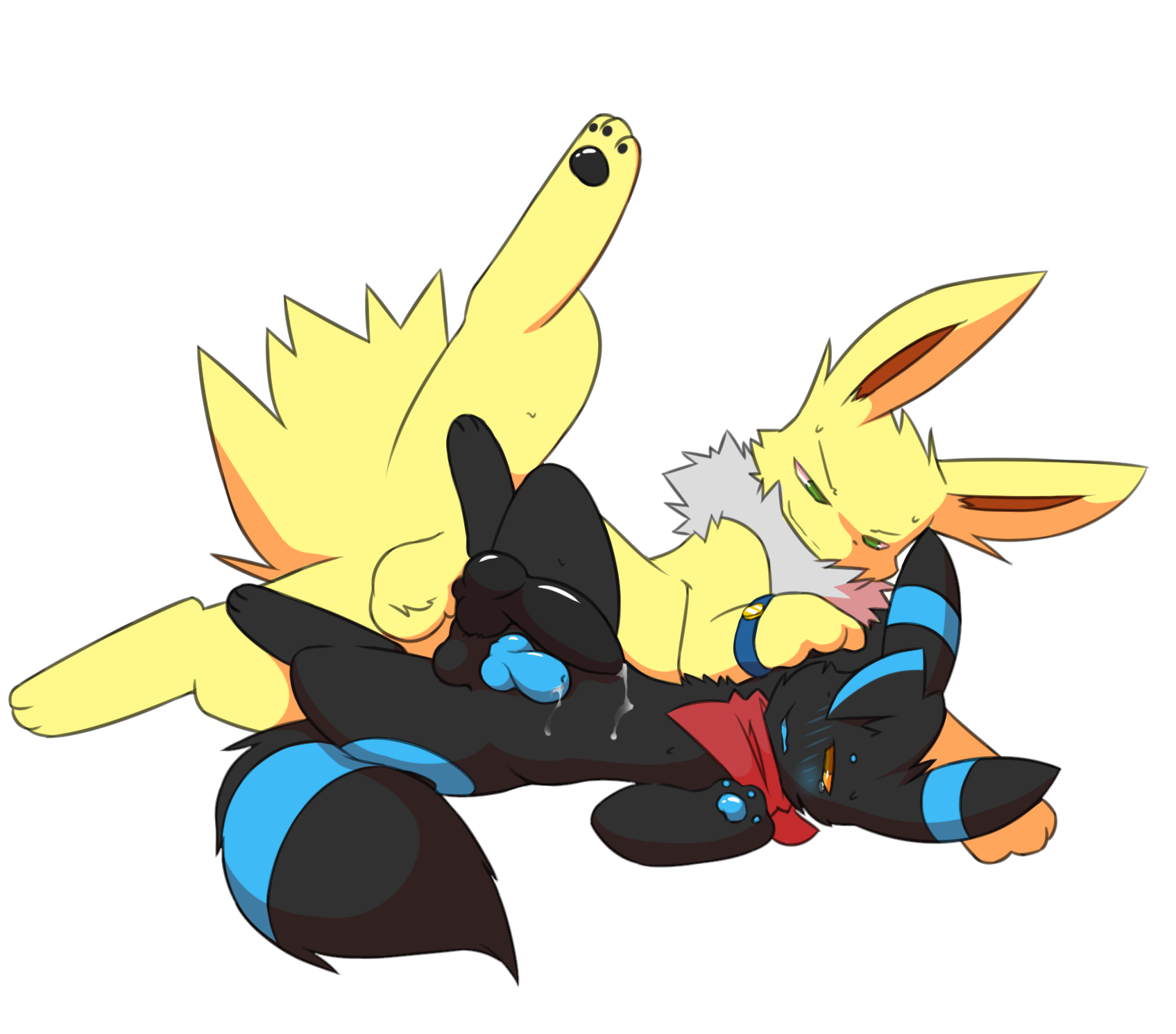 miau, eeveelution, jolteon, shiny pokemon, umbreon, nintendo, pokemon rgby, simple background, 2boys, 3 toes, alternate color, animal genitalia, animal penis, big penis, black penis, blue penis, canine penis, cum, cum on partner, cum on self, feet, feral, furry, furry only, gay, half-closed eyes, interspecies, knot, leg up, male, male only, no humans, on side, paws, penis, pokemon, scarf, testicles, toes, video games, yaoi, 