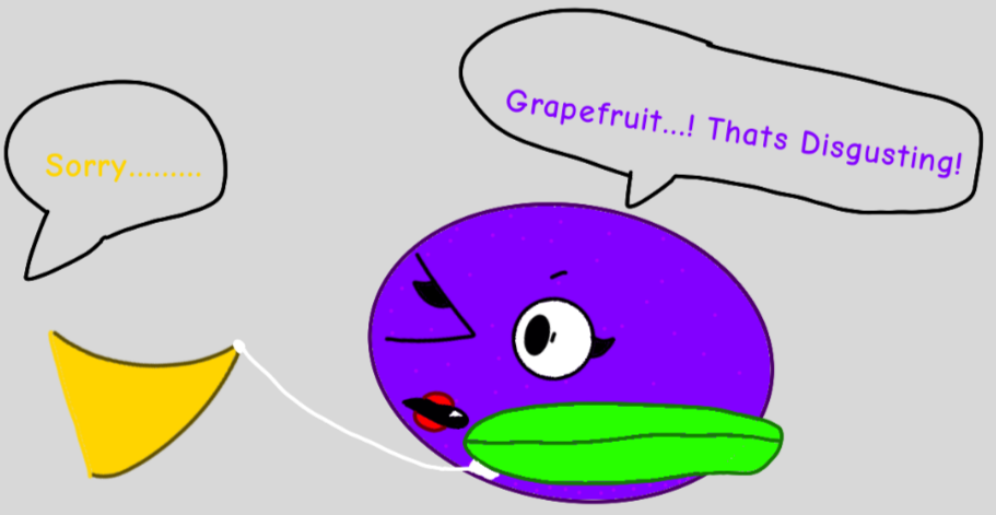 english text, grey background, simple background, 1boy, annoying orange (series), cum, female, grapefruit (annoying orange), non-web source, off-topic, passion fruit (annoying orange), 