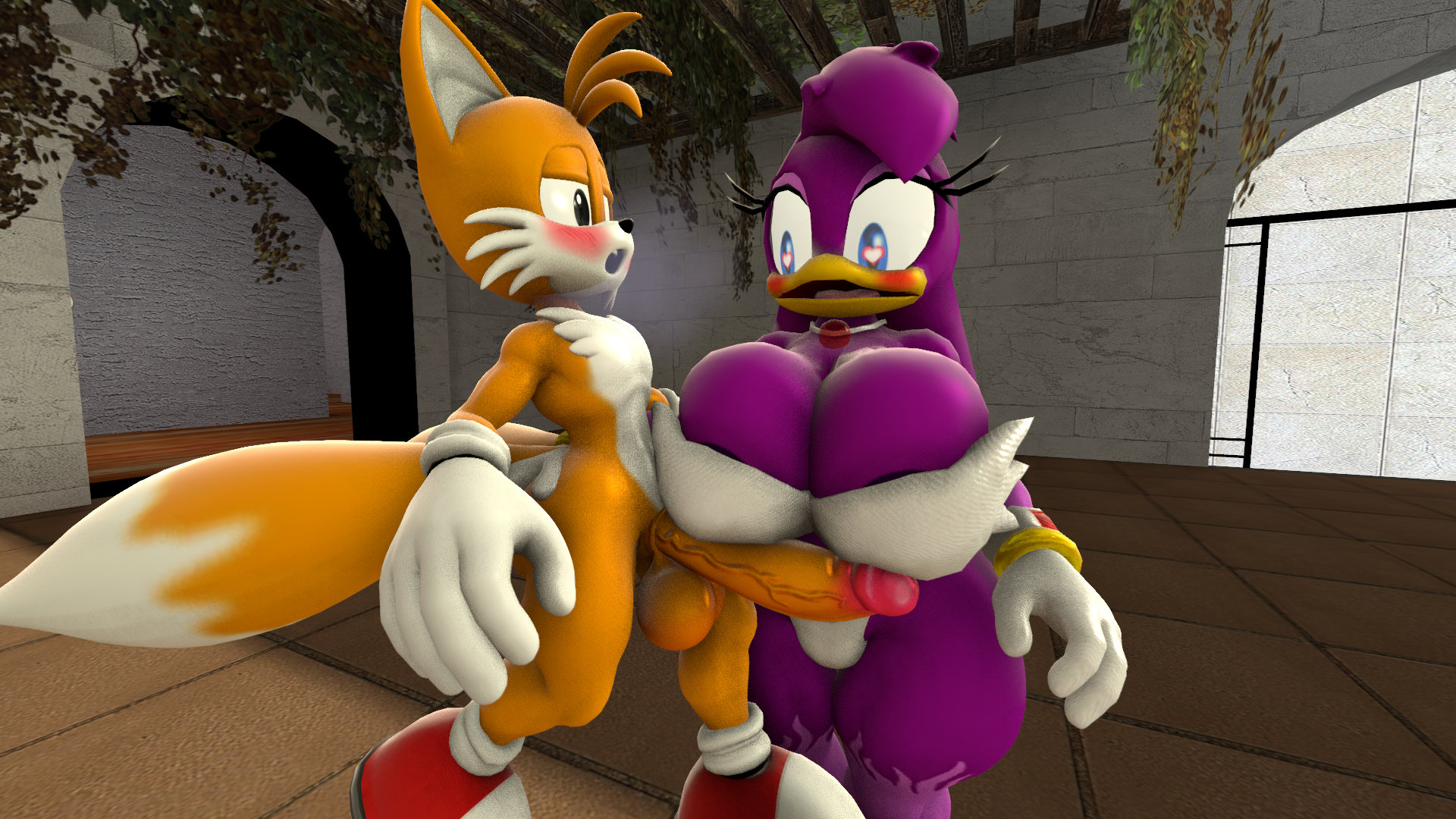 tails, wave the swallow, sonic (series), 3d, avian, balls, beak, bird, blue eyes, breasts, charliedcr, clothing, duo, eyelashes, female, fox, fur, gloves, imminent sex, large penis, larger female, male, penis, purple body, size difference, smaller male, smile, white body, 