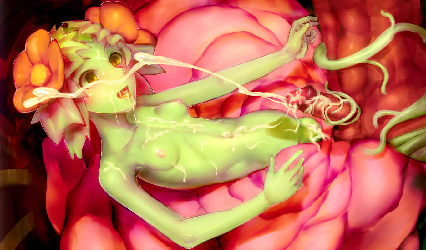 censored, breasts, cum, flower, green eyess, penis, plant girl, 