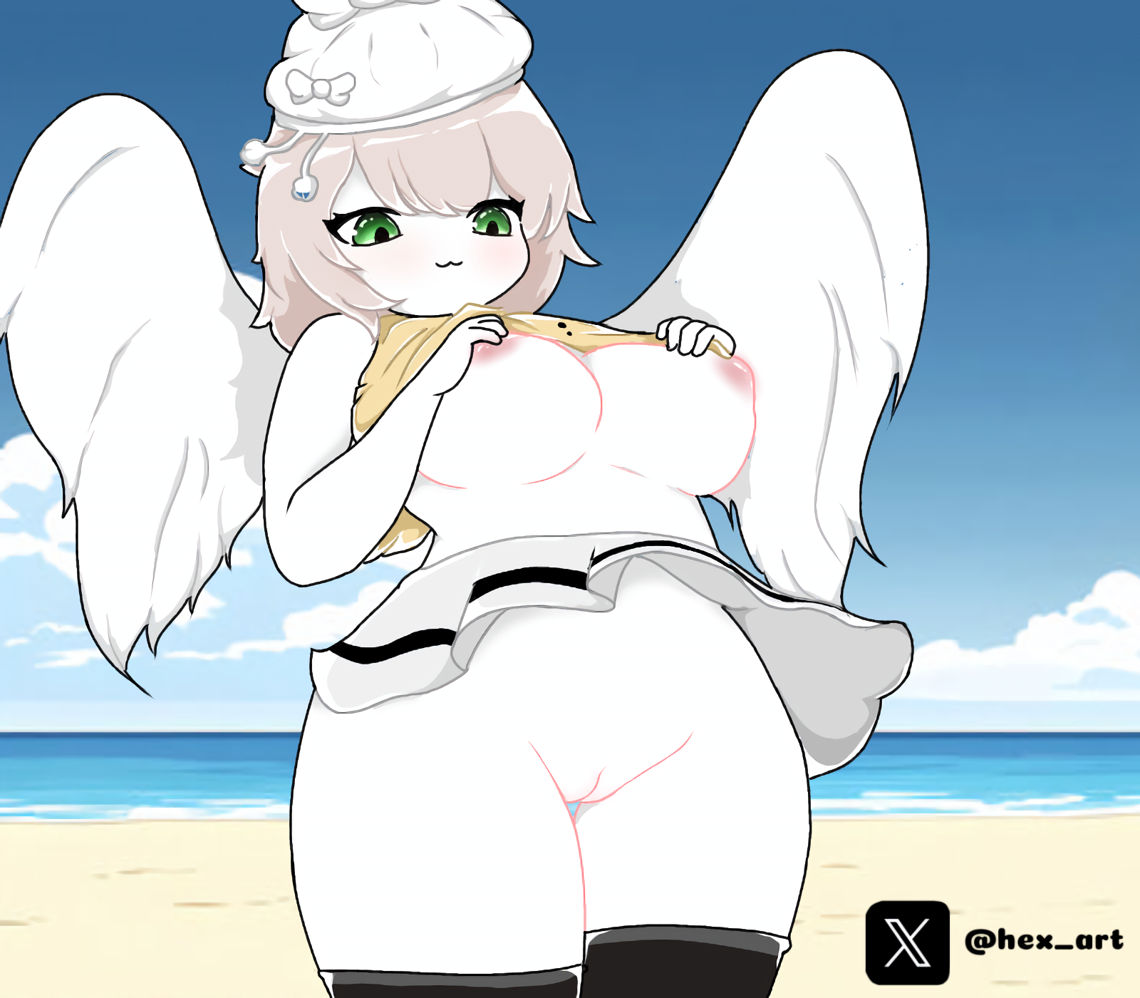 1girls areolae art.hex art_hex big_breasts blush bottomless breasts breasts_out cream_hair cute female functionally_nude gray_skirt green_eyes hat light looking looking_at_viewer no_panties on_beach partially_clothed presenting presenting_pussy pussy request roblox roblox_avatar robloxian self_upload shy sky solo_focus spread_legs standing thighs twitter_username uncensored white_hat white_skin white_wings wings yellow_shirt