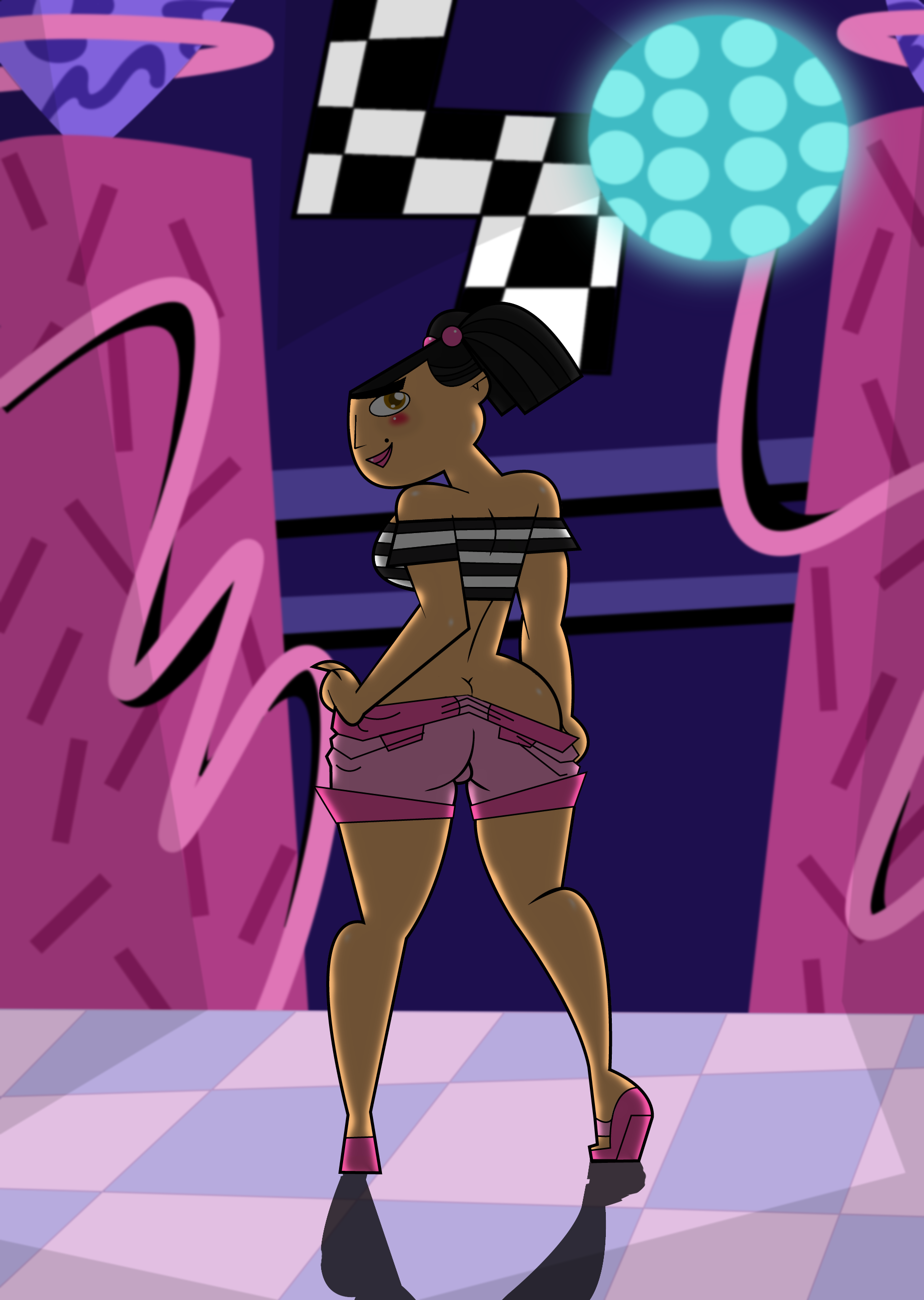 drago-flame, eva (tdi), total drama island, 1girls, ass, blush, female, female only, looking at viewer, looking back, pigtails, shorts, solo, 