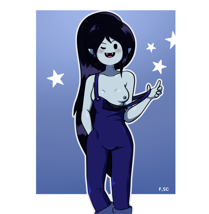 fizzyspidercider, marceline, adventure time, black hair, grey body, nipples, no bra, vampire, 