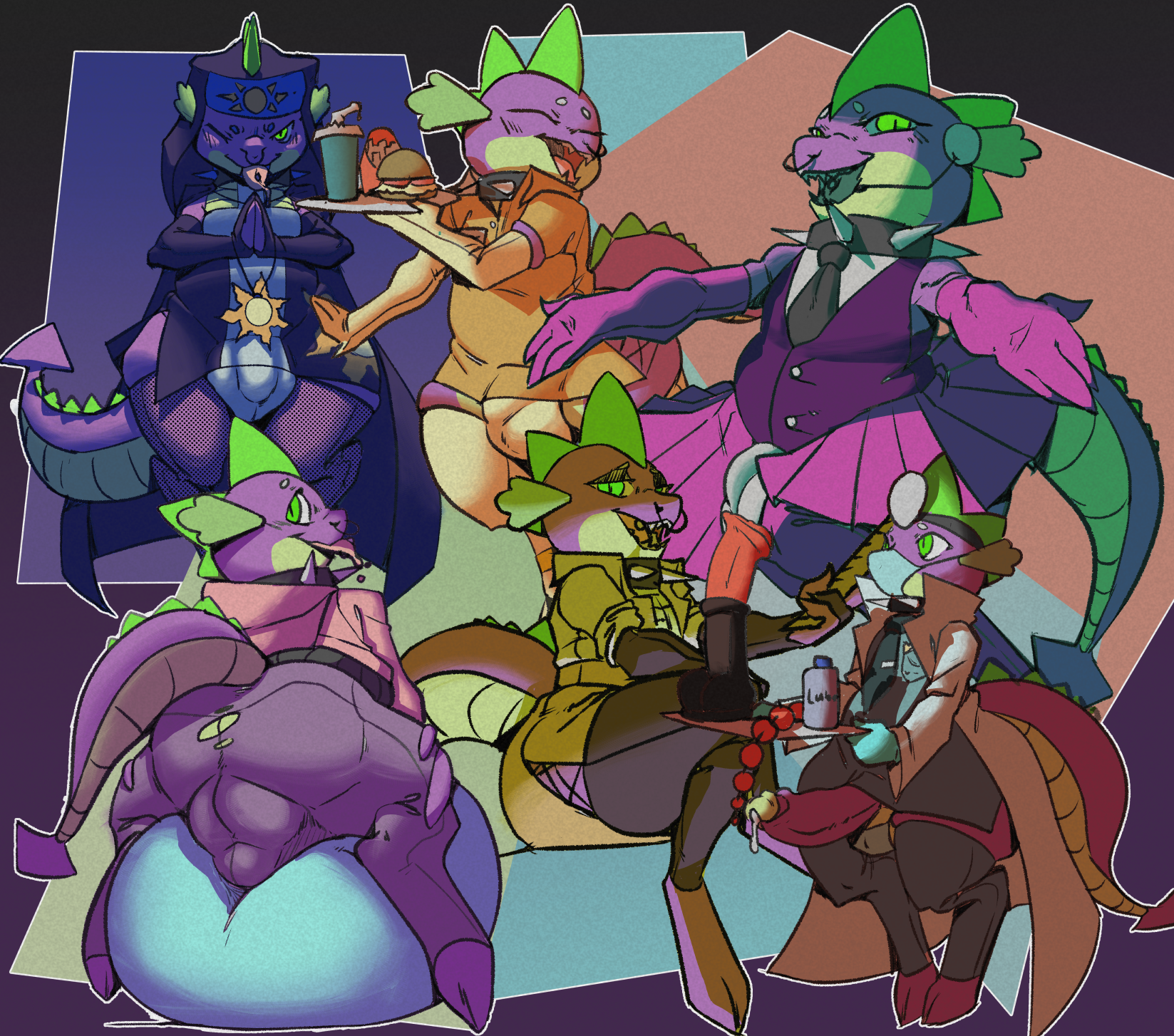 spike (mlp), friendship is magic, hasbro, my little pony, digital drawing (artwork), digital media (artwork), hi res, 2023, anal beads, animal dildo, animal sex toy, anthro, armwear, ass, beverage, bodily fluids, bottomwear, bulge, burger, closed eyes, clothing, coat, collar, cum, dildo, dragon, elbow gloves, equine dildo, facial piercing, felinecanis, fishnet thigh highs, food, fries, genital fluids, genitals, girly, gloves, green body, green eyes, green scales, handwear, head mirror, headgear, headphones, headset, lab coat, leaking cum, legwear, long tail, looking back, lube bottle, male, mask, medical instrument, mostly clothed, necktie, nose piercing, nun habit, one eye closed, panties, penis, piercing, praying hands, presenting, presenting hindquarters, purple body, purple scales, ruler, scales, scientific instrument, septum piercing, sex toy, skirt, spade tail, spiked collar, spikes, sweater, tail, thick thighs, thigh highs, tights, tongue, tongue out, topwear, underwear, uniform, vest, wide hips, wink, 