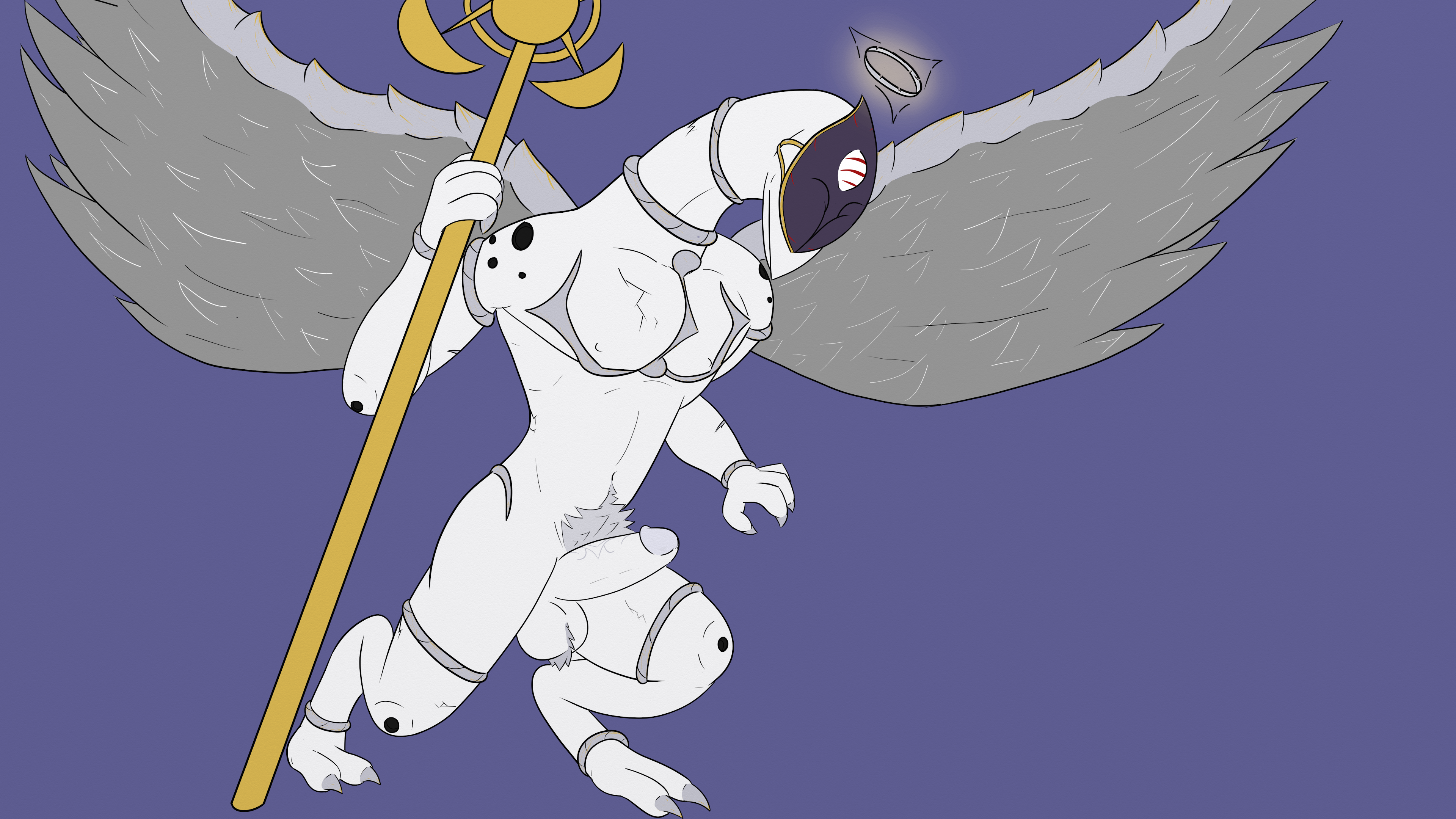 affinity, bayonetta, hi res, angel, anthro, avian, ball tuft, balls, claws, erection, feathers, halo, humanoid, humanoid penis, male, male only, mask, nipples, nude, penis, pubes, solo, staff, video games, vigmarr, wings, 