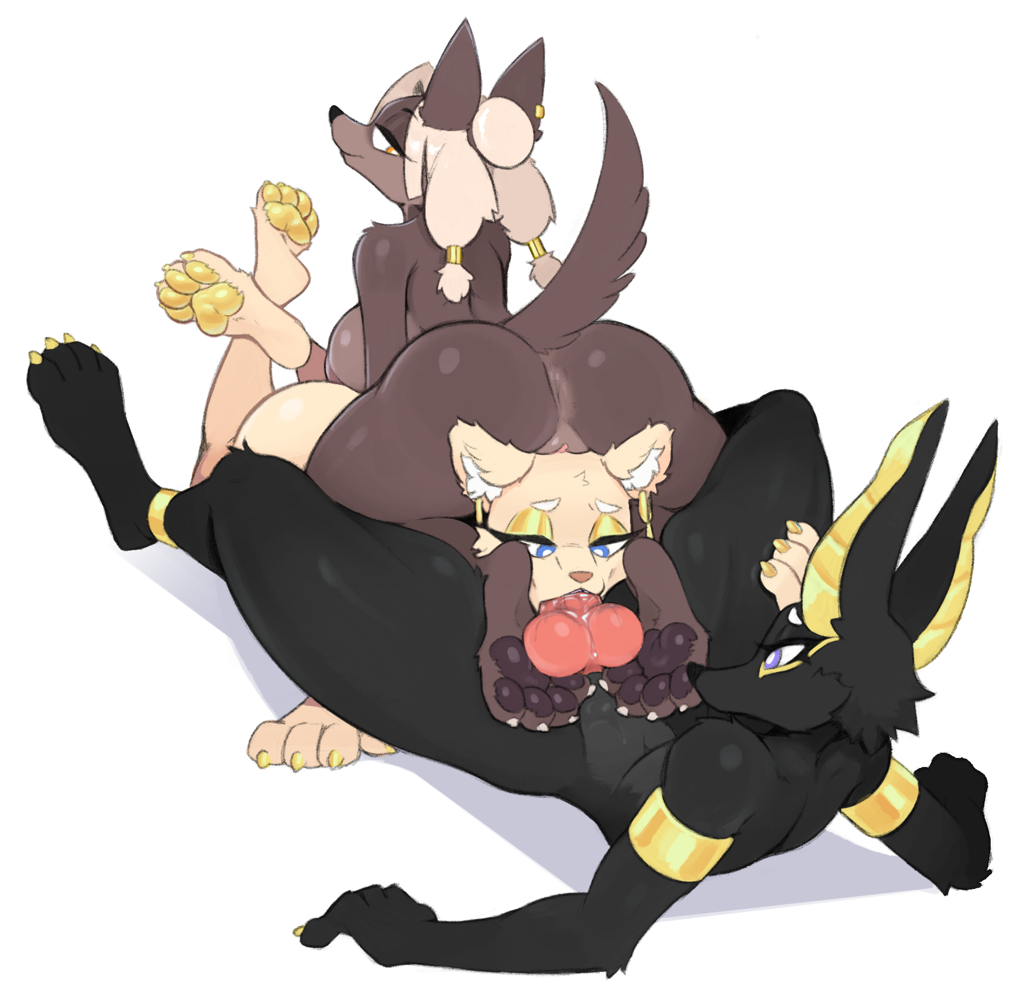 hi res, simple background, animal genitalia, animal penis, anthro, anus, ass, black body, black fur, blue eyes, breasts, canid, canine, canine genitalia, canine penis, claws, felid, feline, female, finger claws, fur, genitals, group, male, male/female, mammal, oral, oral penetration, orange body, orange fur, pawpads, penetration, penis, toe claws, trio, ttothep arts, 