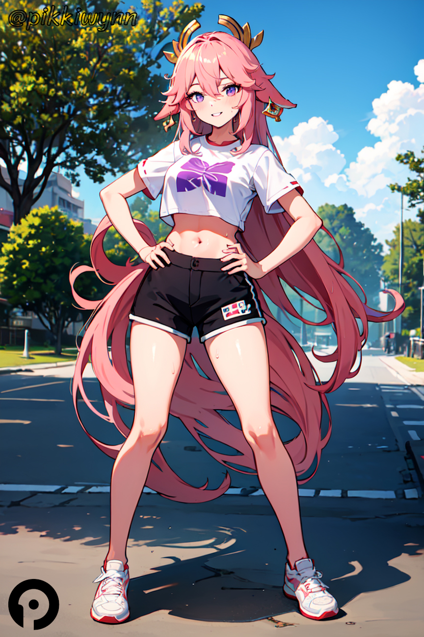 ai generated, alternate costume, animal ears, bangs, bare legs, black shorts, blue sky, breasts, cloud, crop top, crop top overhang, day, earrings, female, fox ears, full body, genshin impact, grin, hair between eyes, hair ornament, hands on hips, jewelry, long hair, looking at viewer, midriff, navel, outdoors, parted lips, pikkiwynn, pink hair, purple eyes, shirt, shoes, short shorts, short sleeves, shorts, sky, smile, sneakers, solo, standing, stomach, thighs, tree, very long hair, white footwear, white shirt, yae miko, 