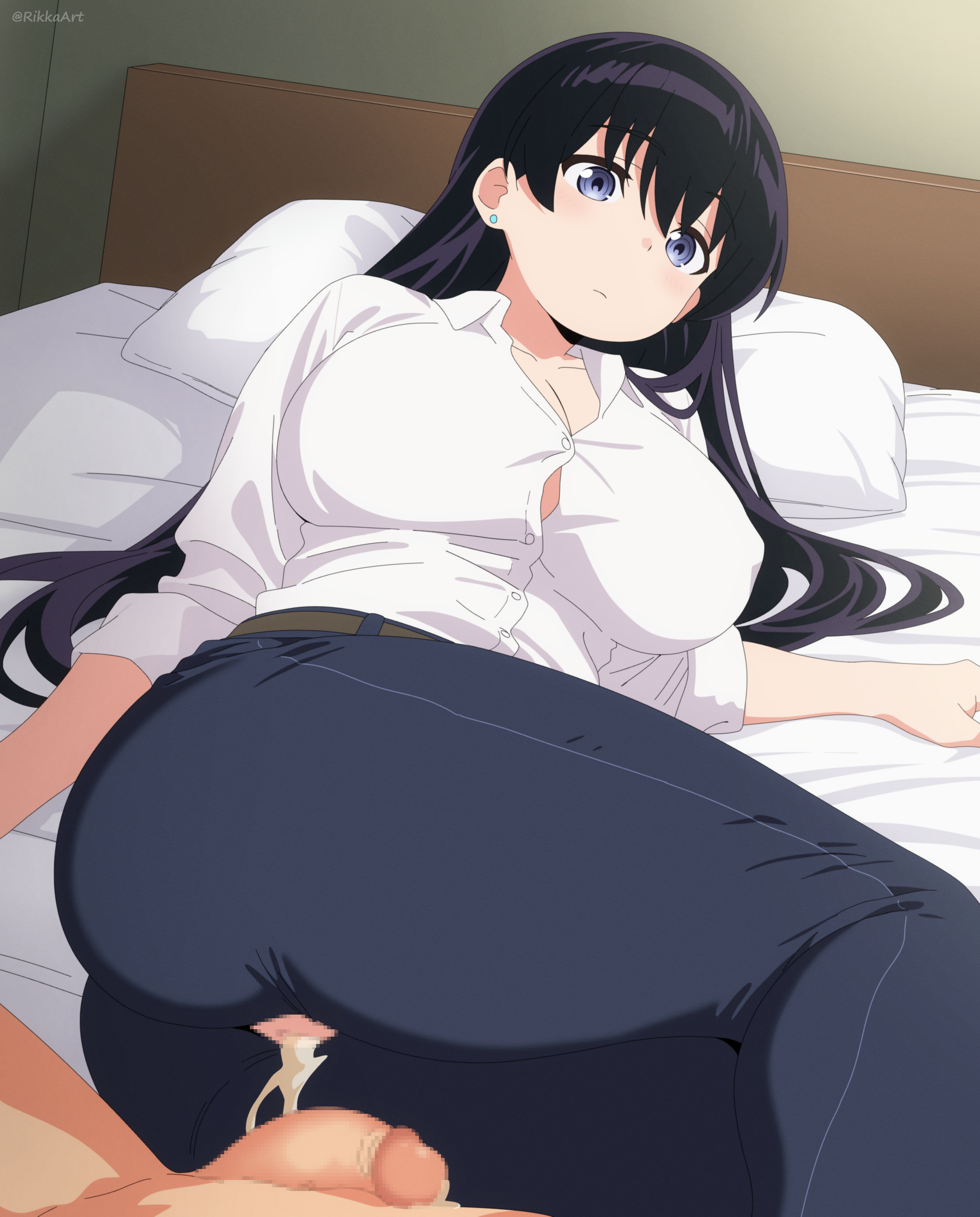 1boy absurdres after_sex after_vaginal arato_nagi bed black_hair black_pants blue_eyes breasts button_gap censored closed_mouth clothed_female_nude_male commentary_request cum cum_in_pussy female flaccid highres large_breasts long_hair lying mosaic_censoring nude on_bed on_side pants penis pillow rikka_(rikkaarts) ruri_no_houseki shirt solo_focus straight torn_clothes torn_pants white_shirt