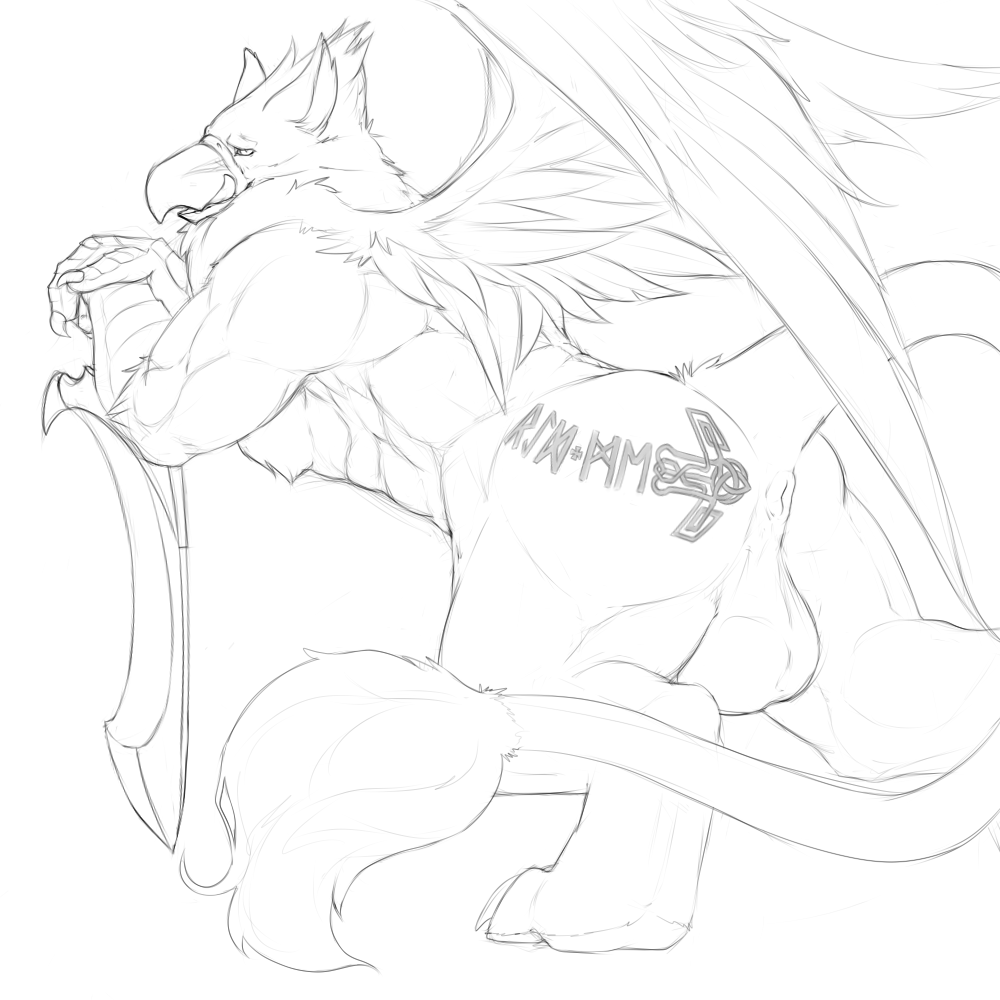 velrizoth, black and white, monochrome, 1boy, abs, anthro, anus, ass, avian, backsack, balls, beak, biceps, claws, digitigrade, feathers, gryphon, leaning, licking, licking lips, looking at viewer, looking back, male, male only, melee weapon, muscular, muscular back, muscular male, nude, open mouth, pawpads, perineum, presenting, puffy anus, raised tail, runes, smile, solo, standing, sword, talons, tattoo, toe claws, tongue, tongue out, tuft, weapon, wings, 