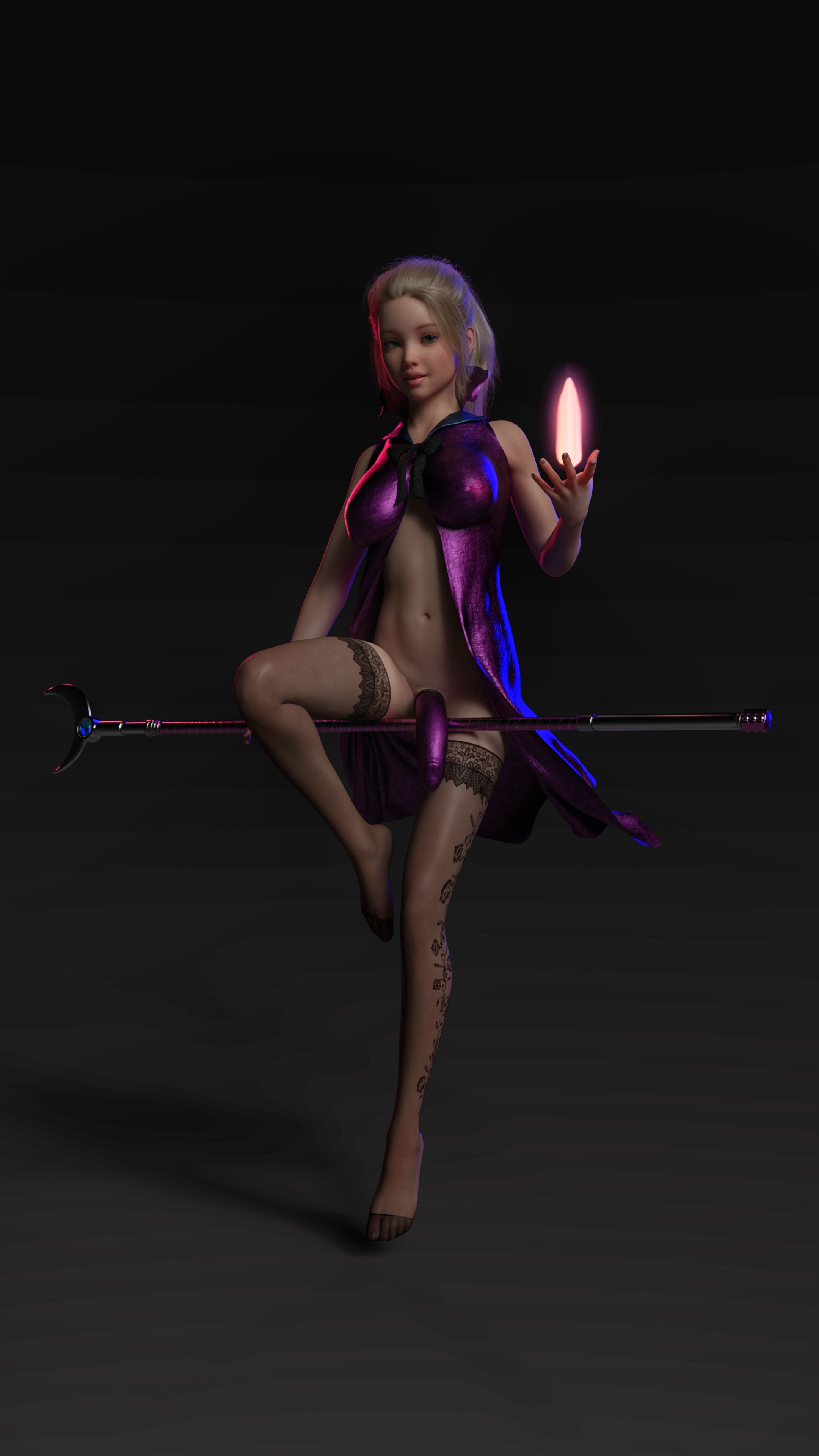 artist request, 3d, simple background, source request, blonde hair, cloak, cock sleeve, dickgirl, futa only, futanari, legs, looking at viewer, magic, solo, staff, stockings, 