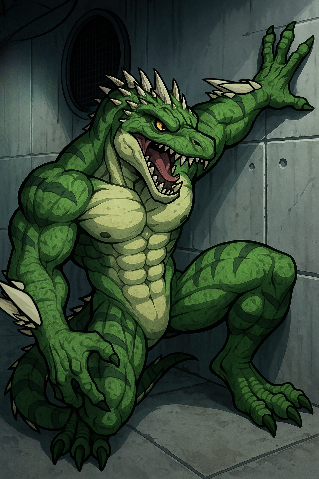 marvel, 4 toes, abs, anthro, athletic, athletic anthro, athletic male, biceps, claws, green body, hybrid, insomniac games, lizard, lizard tail, lizardman, male, muscular, muscular anthro, muscular male, neck muscles, nipples, nude, open mouth, pecs, reptile, ripped muscles, scalie, serratus, sharp teeth, solo, spikes, stripes, tail, teeth, the lizard (marvel), toes, tongue, tongue out, triceps, 