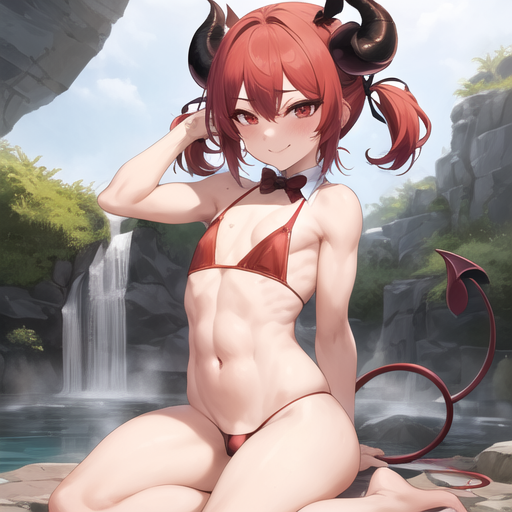 1boy, ai generated, bikini, demon horns, demon tail, femboy, hot spring, nemus waifu generator, red eyes, red hair, trap, 