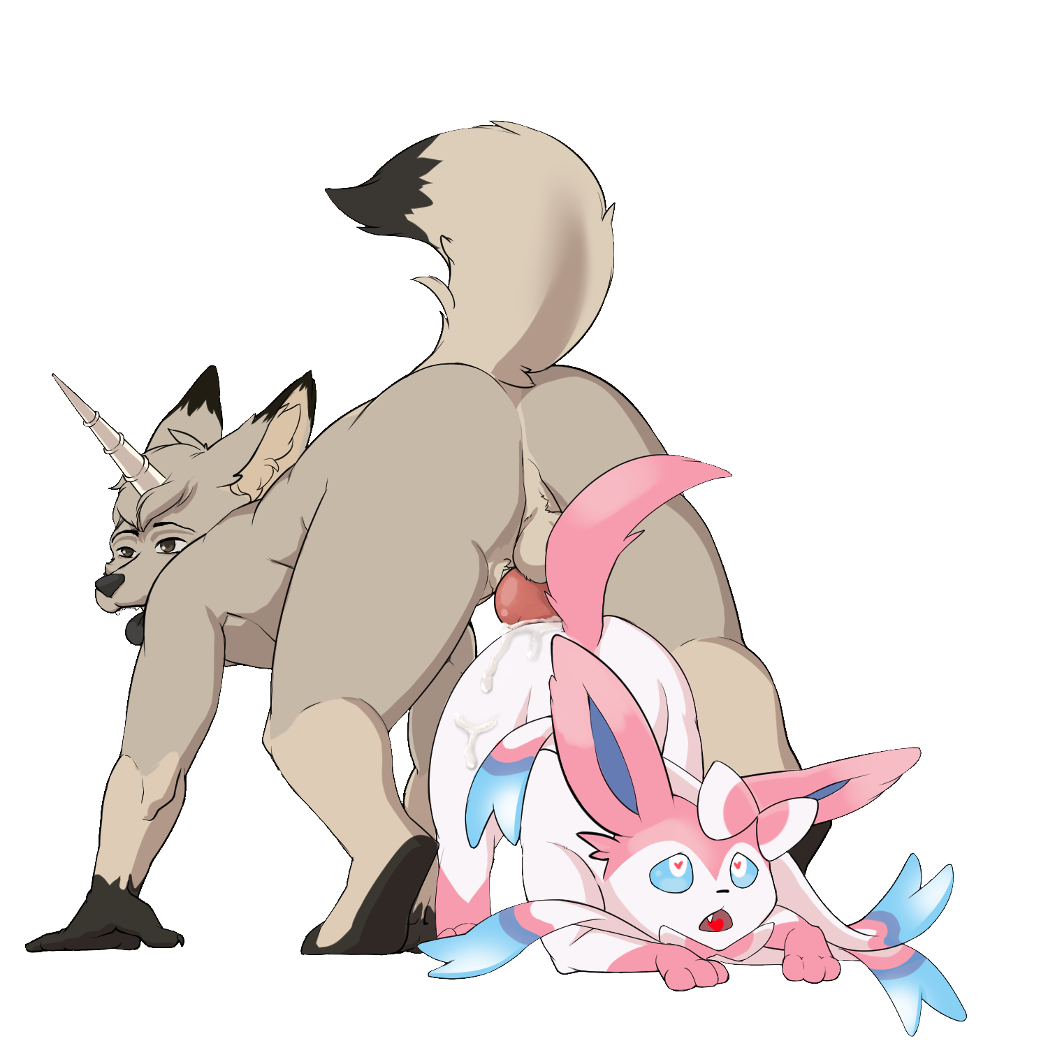 eeveelution, original character, sylveon, nintendo, pokemon xy, 1:1, 1boy, all fours, alpha channel, ambiguous gender, anthro, big ears, blue fur, blue sclera, bodily fluids, brown fur, canine, cum, duo, feet, feral, furry, genital fluids, half-closed eyes, heart, horn, interspecies, knot, knotted, larger male, long ears, male, mammal, open mouth, paws, penis, pink fur, pokemon, ribbons, size difference, stuck, teeth, thecrimsonchin, tongue, video games, white eyes, white fur, 