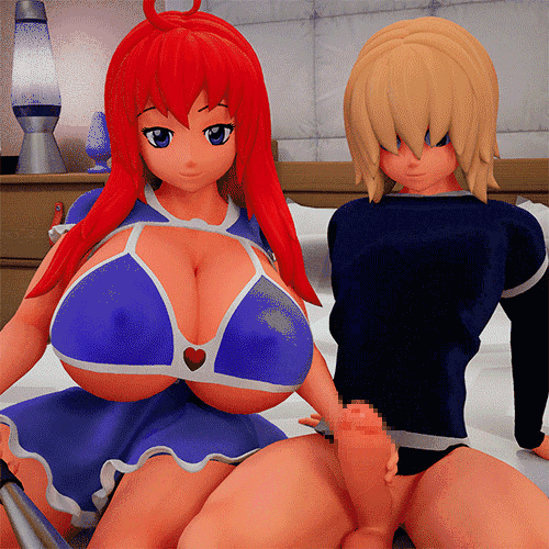 original character, original, 1boy, 1girls, cleavage, female, handjob, huge breasts, larger female, male, red hair, size difference, smaller male, whangbam, 