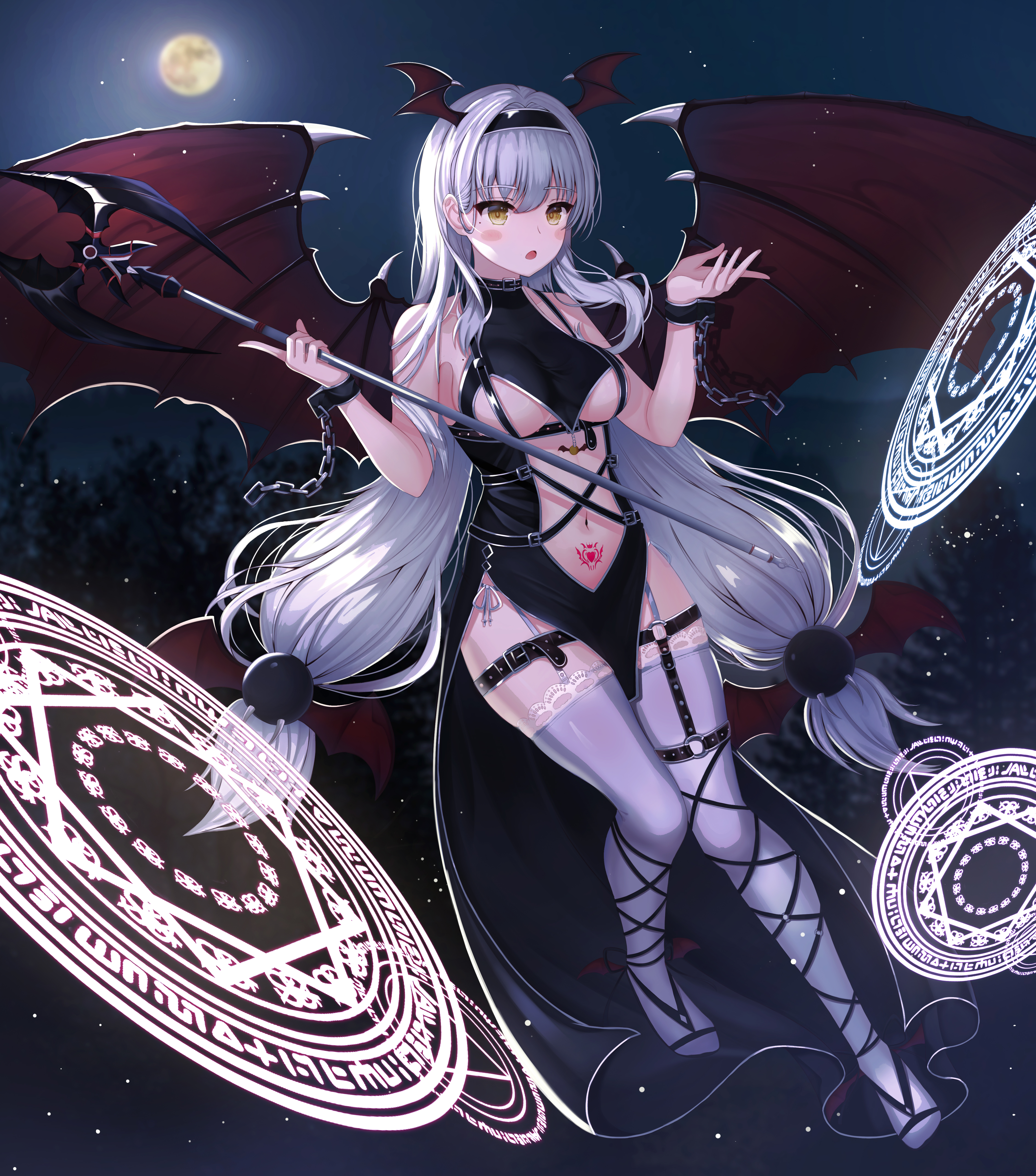 original, absurdres, commentary, highres, $hu, 1girls, bat hair ornament, bat wings, belt, black belt, black dress, black footwear, black hairband, blush, breasts, chains, chest harness, clothing cutout, demon girl, demon horns, dress, female, female only, full body, full moon, grey hair, grey thighhighs, hair between eyes, hair ornament, hairband, halter dress, halterneck, hands up, harness, holding, holding staff, horns, lace-trimmed thighhighs, large breasts, long hair, looking at viewer, magic circle, mole, mole on breast, mole under eye, moon, navel, night, o-ring, o-ring belt, outdoors, pelvic curtain, pubic tattoo, sandals, solo, staff, stomach cutout, succubus, tattoo, thigh belt, thigh strap, thighhighs, underboob, underbust, very long hair, white thighhighs, wings, wrist cuffs, yellow eyes, 