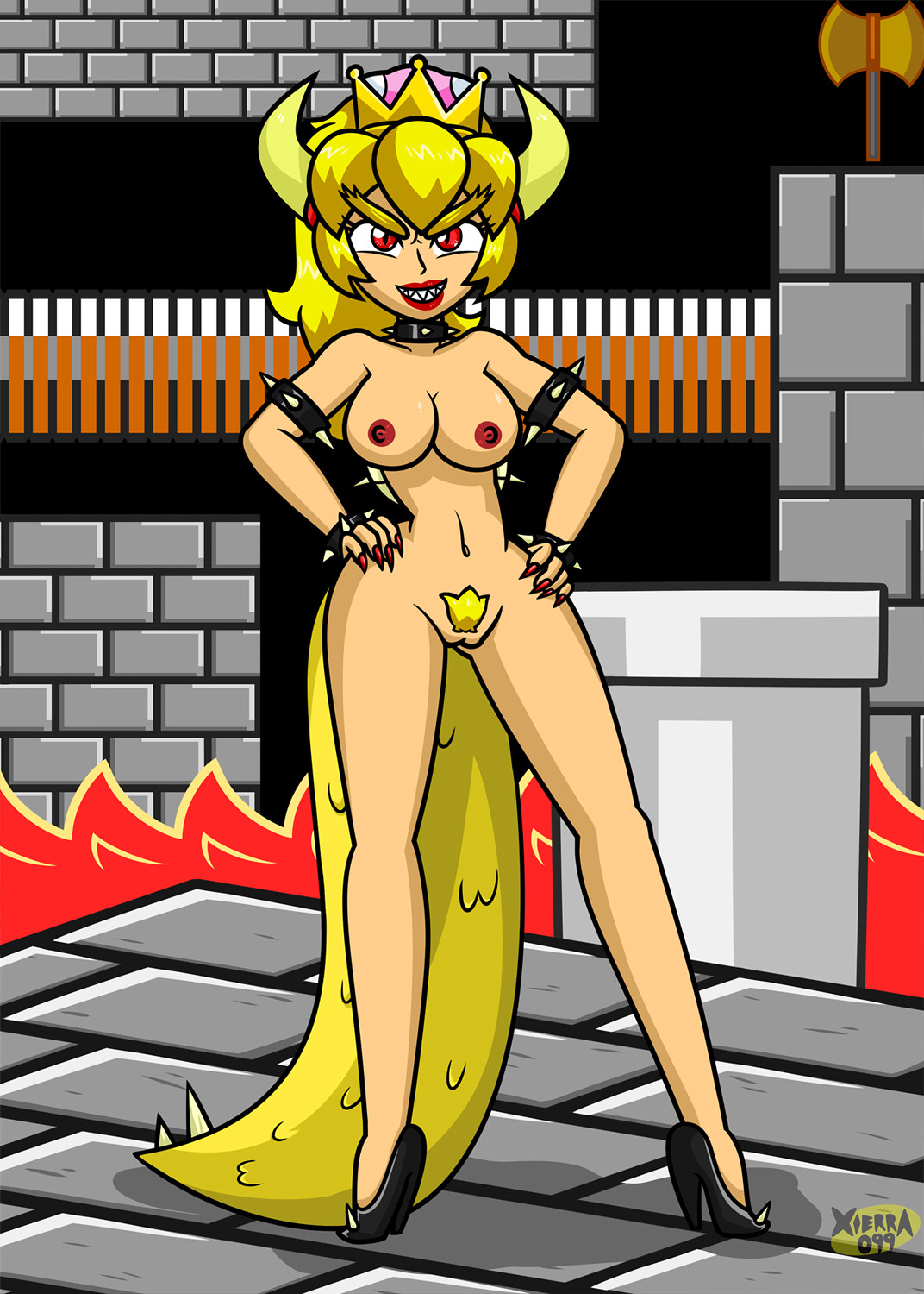 hair, blonde pubic hair, bowser castle, castle background, crown, dragon ta...