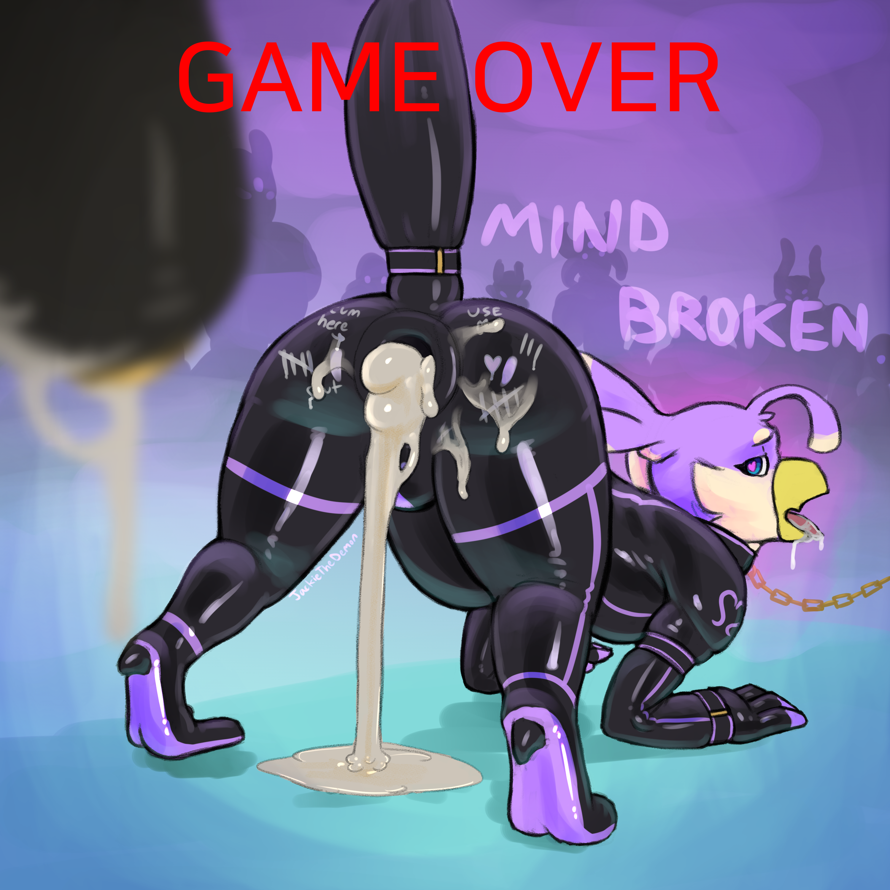 absurd_res anthro anus ass avian bodily_fluids chocobi_(character) clothing cum cum_in_ass cum_inside demon gaping gaping_anus genital_fluids gushing heart_eyes heart_symbol hi_res jackie_demon jackiethedemon latex latex_clothing latex_skinsuit leaking_cum male male/male mind_break skinsuit solo tight_clothing