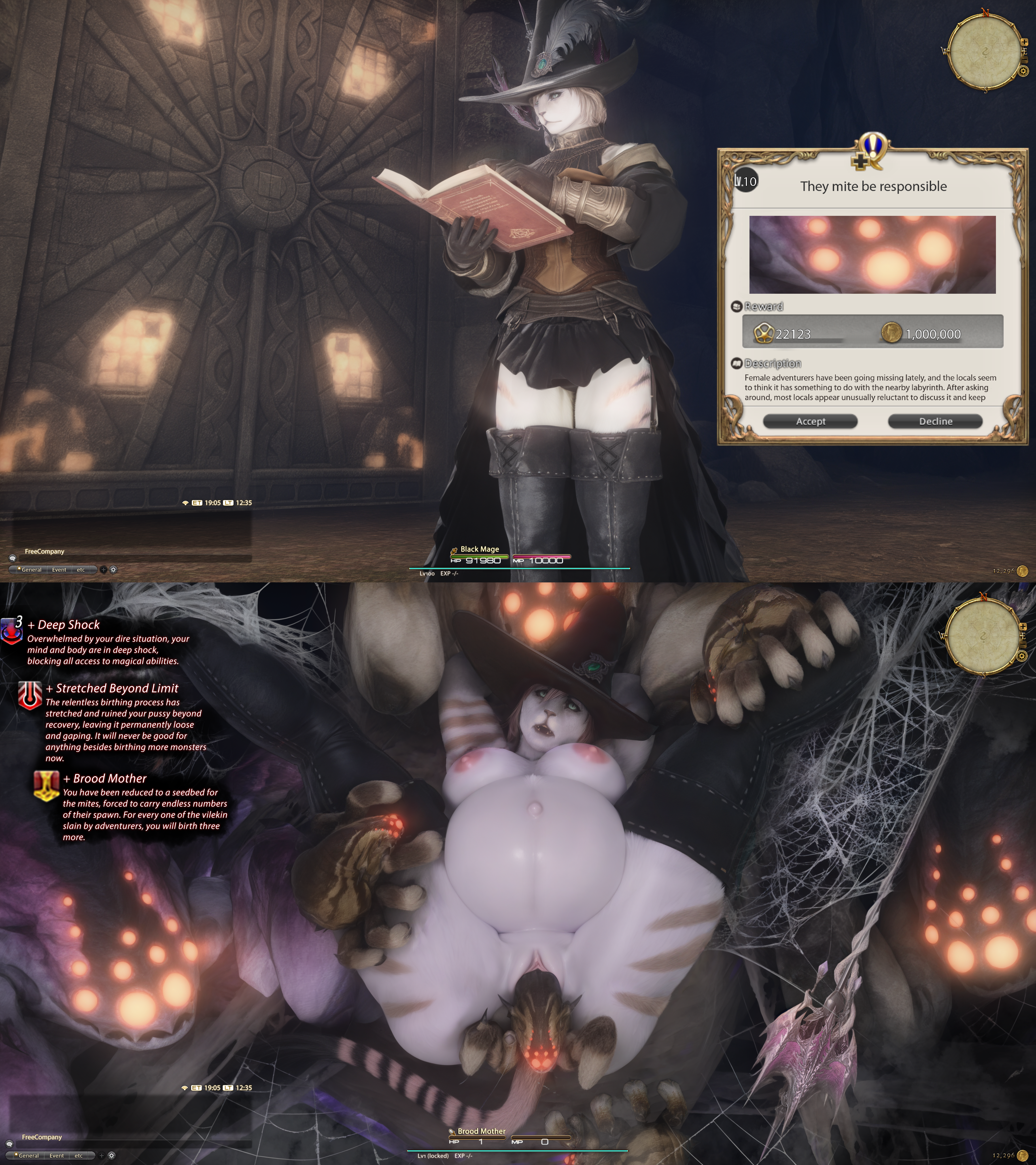 2koma anthro bad_end big_belly big_breasts birth birthing birthing_monster bondage breeding breeding_slave broodmother cave cutebuneira debuff defeat defeated defeated_heroine diremite dungeon feline feline_humanoid ffxiv final_fantasy final_fantasy_xiv furry furry_female game_over game_ui gameplay_mechanics giving_birth giving_birth_to_monster gpose(ffxiv) gpose_(ffxiv) green_eyes helpless helpless_female hrothgal hrothgar hrothgar_female huge_belly insectophilia insects instant_loss instant_loss_2koma large_breasts linea_nigra monster monster_on_female monster_rape navel open_mouth pink_hair pregnancy pregnant pregnant_anthro pregnant_belly pregnant_female pregnant_with_multiples pussy reproductive_slave staff stretched_pussy striped_fur striped_tail tagme tail thigh_boots this_is_your_life_now vaginal_birth vaginal_stretching web_bondage white_fur witch_hat