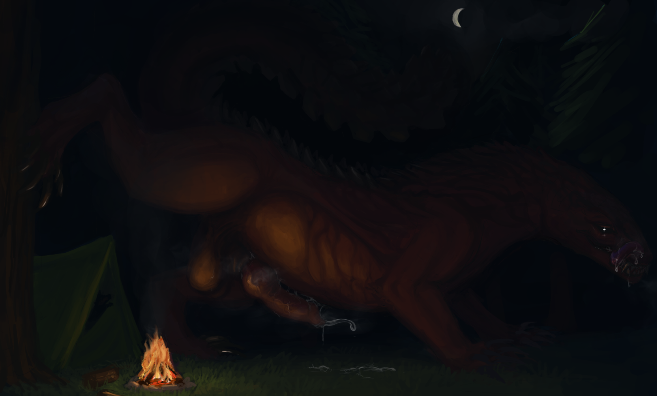 animal_genitalia balls bodily_fluids campfire canid canine_genitalia capcom claws corvidtree dim_lighting dragon dripping fanged_wyvern feral genital_fluids genitals glowing glowing_eyes hi_res hind_legs knot leaking_precum male male/male mammal monster monster_hunter musk musk_clouds mythological_creature mythological_scalie mythology night odogaron outside penis precum precum_drip presenting presenting_balls presenting_penis red_body scalie scary sheath smile smiling_at_viewer smirk smirking_at_viewer solo spikes tail teeth toe_claws tongue tongue_out