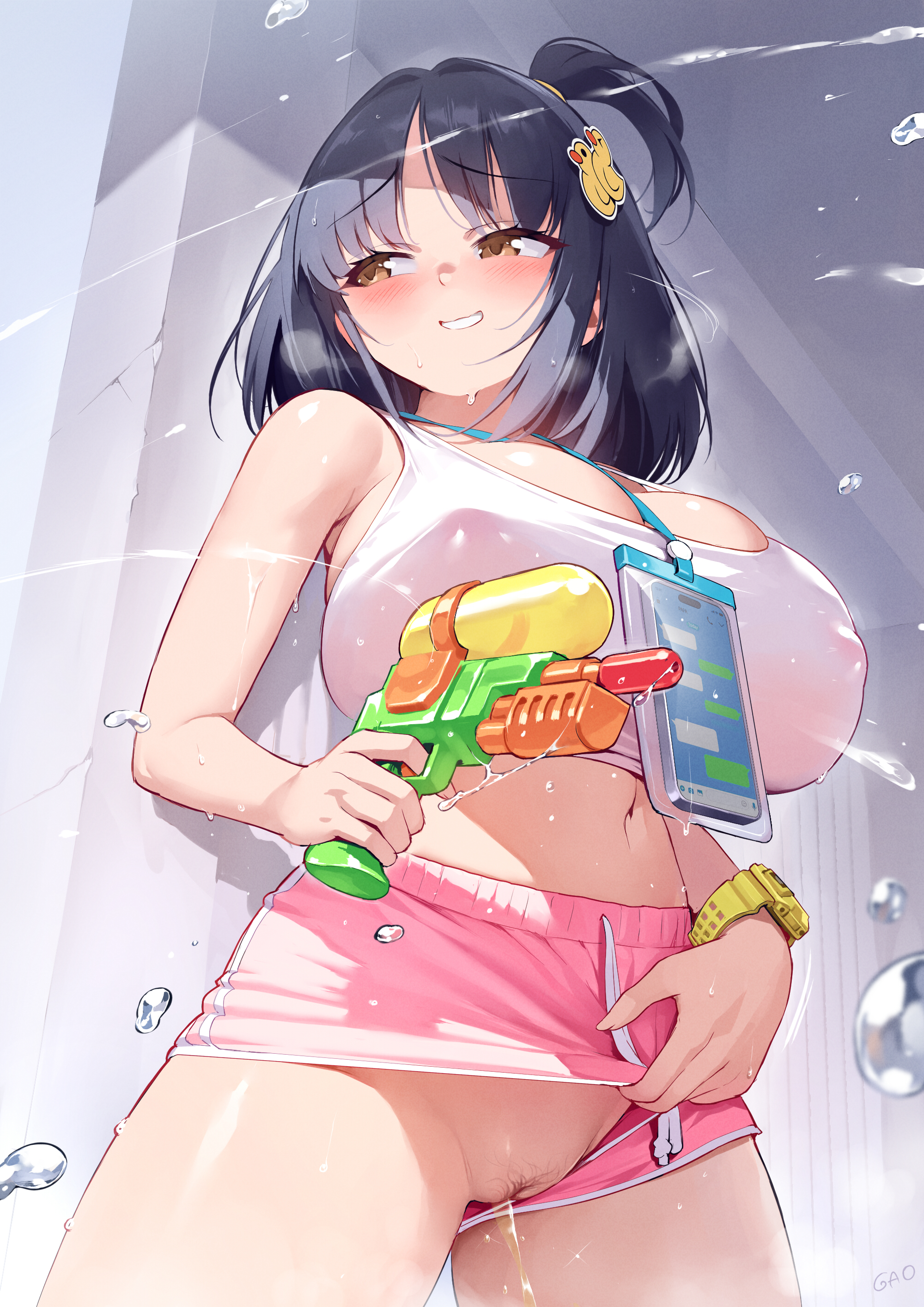 gao-lukchup, gao (gaolukchup), original character, 2d, 2d (artwork), color, colored, high resolution, tagme, 2d artwork, armpits, artist name, ass, belly button, big ass, big breasts, big butt, blush, blush lines, blushing, breasts, breasts bigger than head, breasts squeezed together, brown eyes, cleavage, cleavage overflow, dark blue hair, duck hair ornament, exposed pussy, exposed shoulders, exposed thighs, eyebrows visible through hair, female, female focus, female only, gym shorts, hair ornament, hair tied, hip dips, hips, holding shorts, huge breasts, labia majora, lanyard, lanyard between breasts, large ass, large breasts, large butt, light-skinned female, light skin, loogchoob (gaolukchup), looking at another, mons pubis, mound of venus, navel, navel line, nipple bulge, nipples visible through clothing, no bra, no panties, offscreen character, overflowing breasts, pale-skinned female, pale skin, peeing, phone, pink short shorts, pink shorts, pissing, pubic hair, pubic mound, pubic stubble, pussy, shiny, shiny breasts, shiny hair, shiny skin, shiny thighs, short shorts, shorts, shorts aside, smile, smiling, smiling at another, squirt gun, taking cover, tank top, thick, thick ass, thick butt, thick hips, thick legs, thick thighs, uncensored, uncensored pussy, uncensored vagina, upshorts, vagina, watch, water, water pistol, watergun, wet, wet body, wet skin, white shirt, wide hips, 