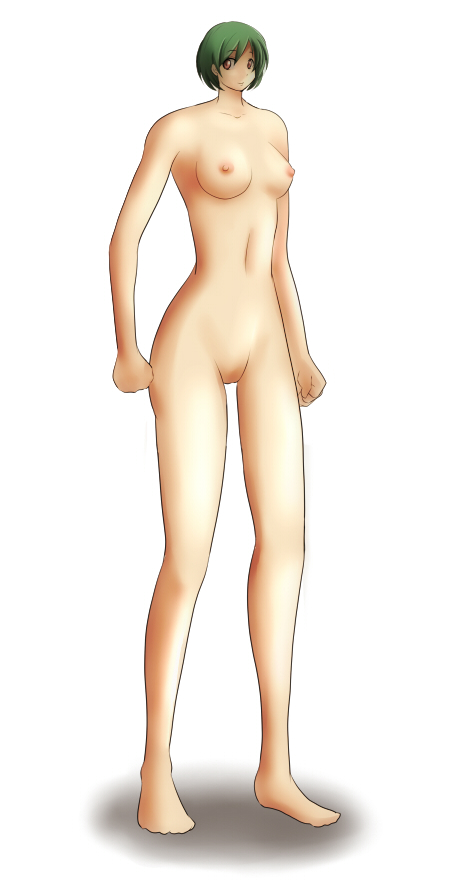 ao usagi, yuka kazami, touhou, simple background, anatomical nonsense, bad proportions, breasts, brown eyess, green hair, long legs, nipples, nude, short hair, smile, solo, what, youkai, 