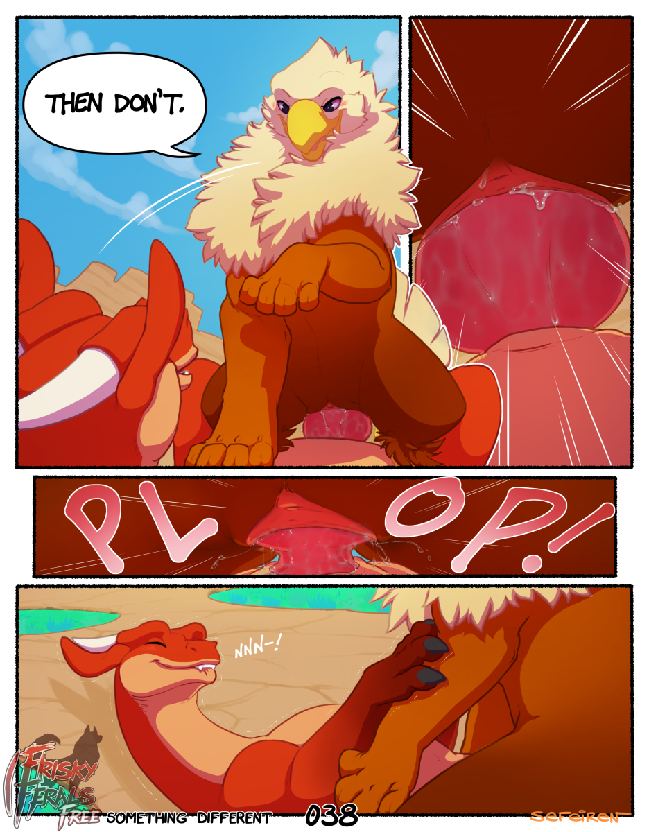sefeiren, coral, kindle, frisky ferals, mythology, comic, conditional dnp, digital media (artwork), english text, hi res, sound effects, speech bubble, text, animal genitalia, anthozoan, avian, beak, bite, biting lip, blush, bodily fluids, brown body, brown fur, claws, clitoris, closed eyes, cloud, cnidarian, dragon, ears back, erection, eyelashes, feathers, female, female on top, feral, fur, genital fluids, genital slit, genitals, gryphon, horn, imminent knotting, knot, knotting, lying, male, male/female, male on bottom, marine, mythological avian, on back, on bottom, on top, onomatopoeia, open mouth, outside, penetration, penis, pivoted ears, precum, purple eyes, purple sclera, pussy, pussy juice, red body, red scales, scales, sea anemone, sex, shaking, sitting on knot, sky, slit, something different, thistle, tide pool, trembling, urethra, vaginal penetration, white body, white feathers, 