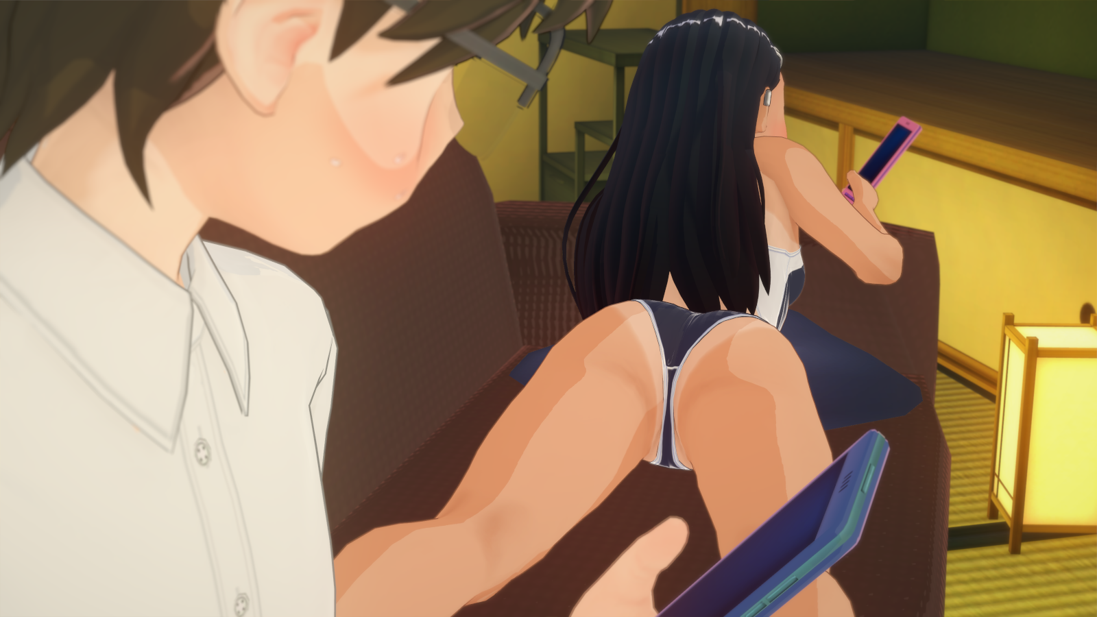 hayase nagatoro, naoto hachioji (senpai), hi res, highres, simple background, 1boy, 1girls, black hair, blush, breasts, brown hair, clothed, clothing, cricgck, female, glasses, long hair, on stomach, revealing clothes, short hair, small breasts, swimsuit, tan, tan-skinned female, tan body, tan skin, tanline, tanned, tanned female, 