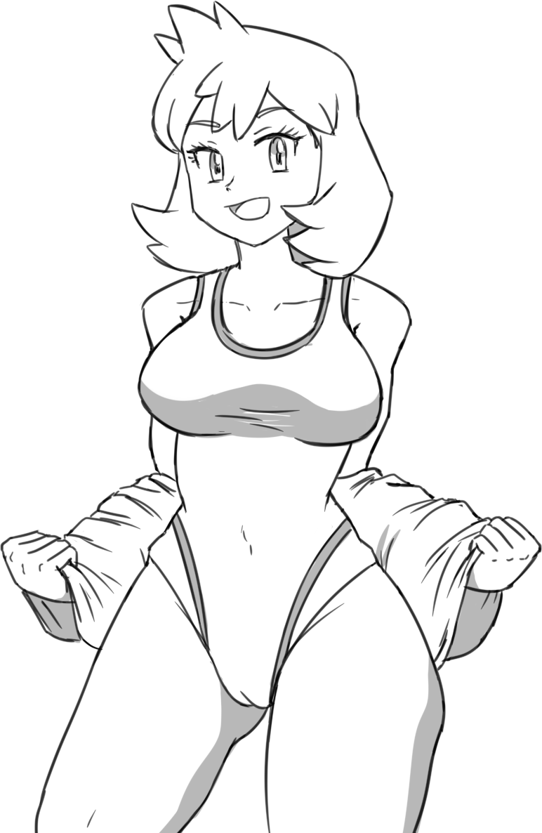 kasumi (pokemon), pokemon gsc, pokemon hgss, monochrome, bare legs, bikini, blush, breasts, cameltoe, clothing, competition swimsuit, covered navel, cowboy shot, eyebrows hidden by hair, female, female focus, female only, hair between eyes, huge breasts, jacket, jacket over swimsuit, large breasts, legs, looking at viewer, misty (pokemon hgss), navel, nipples, one-piece swimsuit, open clothes, open jacket, orange hair, pokemon, short hair, smile, solo, sweat, swimsuit, tank suit, thick thighs, thighs, wet, 
