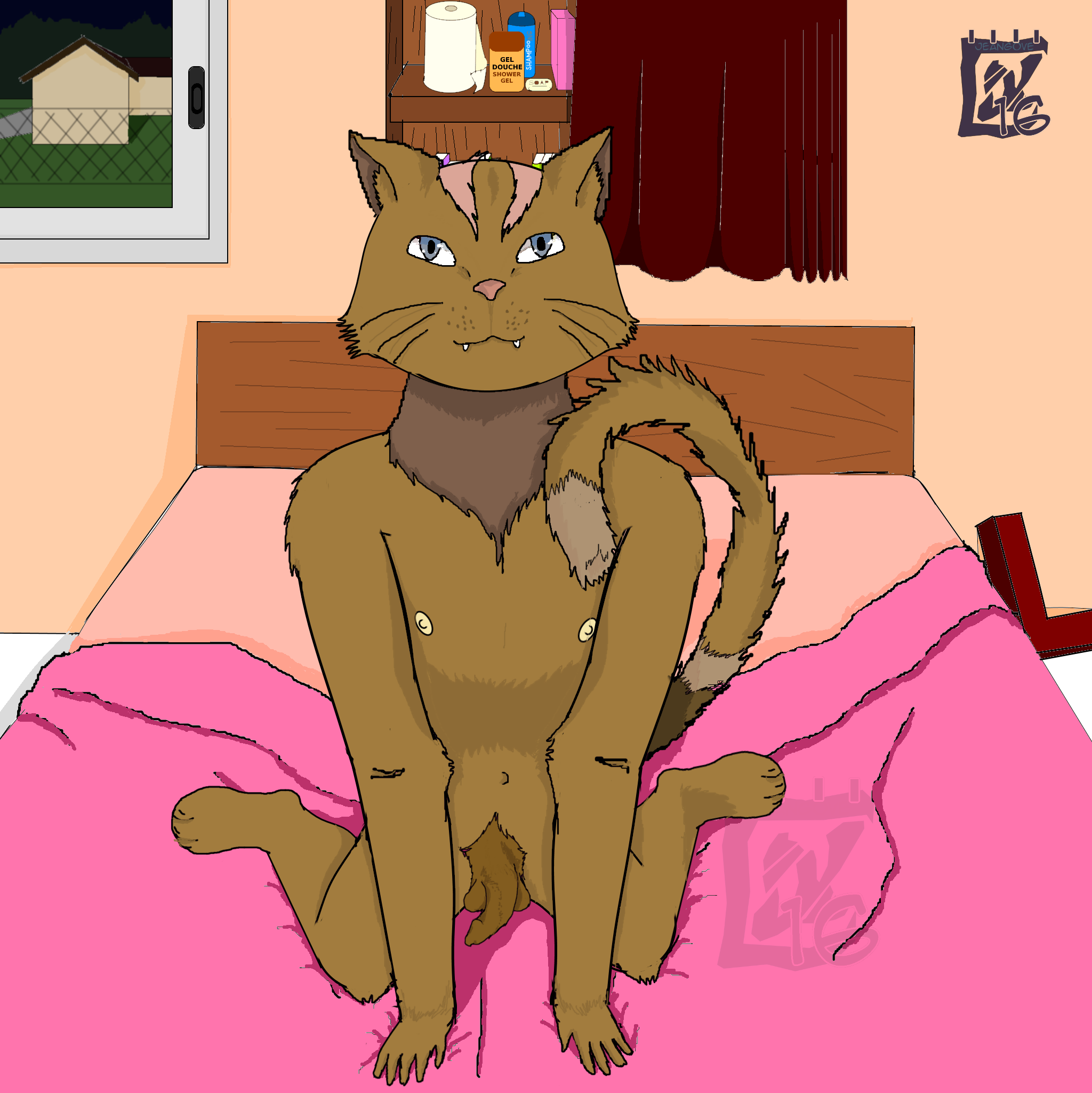 text, watermark, 1boy, anthro, bed, bedroom, blue eyes, brown skin, feline, furry, jeangove, male, male only, mammal, nipples, penis, pink skin, small penis, testicles, 