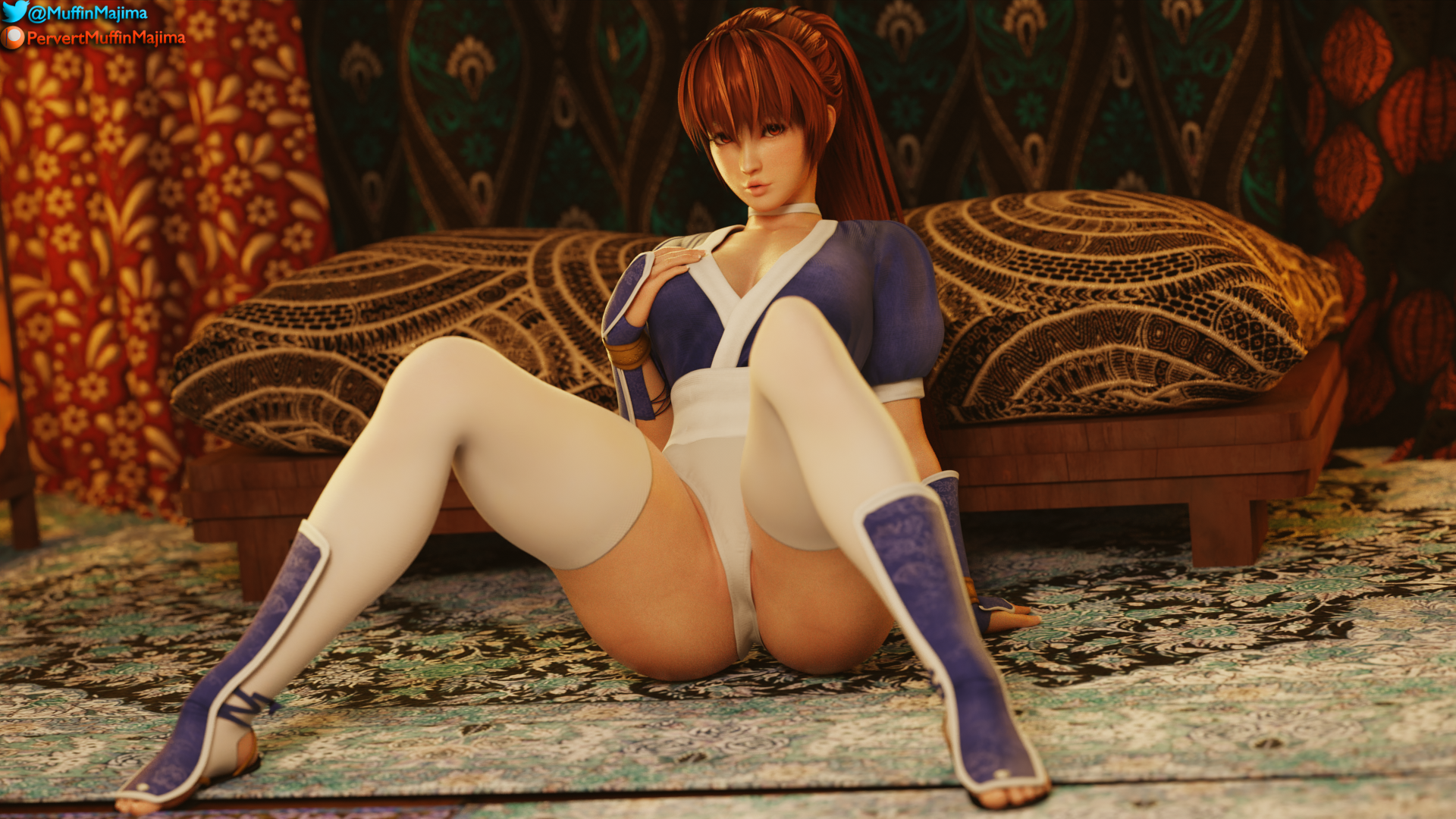 pervertmuffinmajima, kasumi, kasumi (doa), dead or alive, tecmo, 3d, blender, 1girls, asian, asian female, doa, female, female focus, female only, fit, fit female, kunoichi, long socks, looking at viewer, naughty face, ninja, only female, open legs, orange eyes, orange hair, posing, socks, solo, solo female, stockings, thick thighs, thighhighs, 