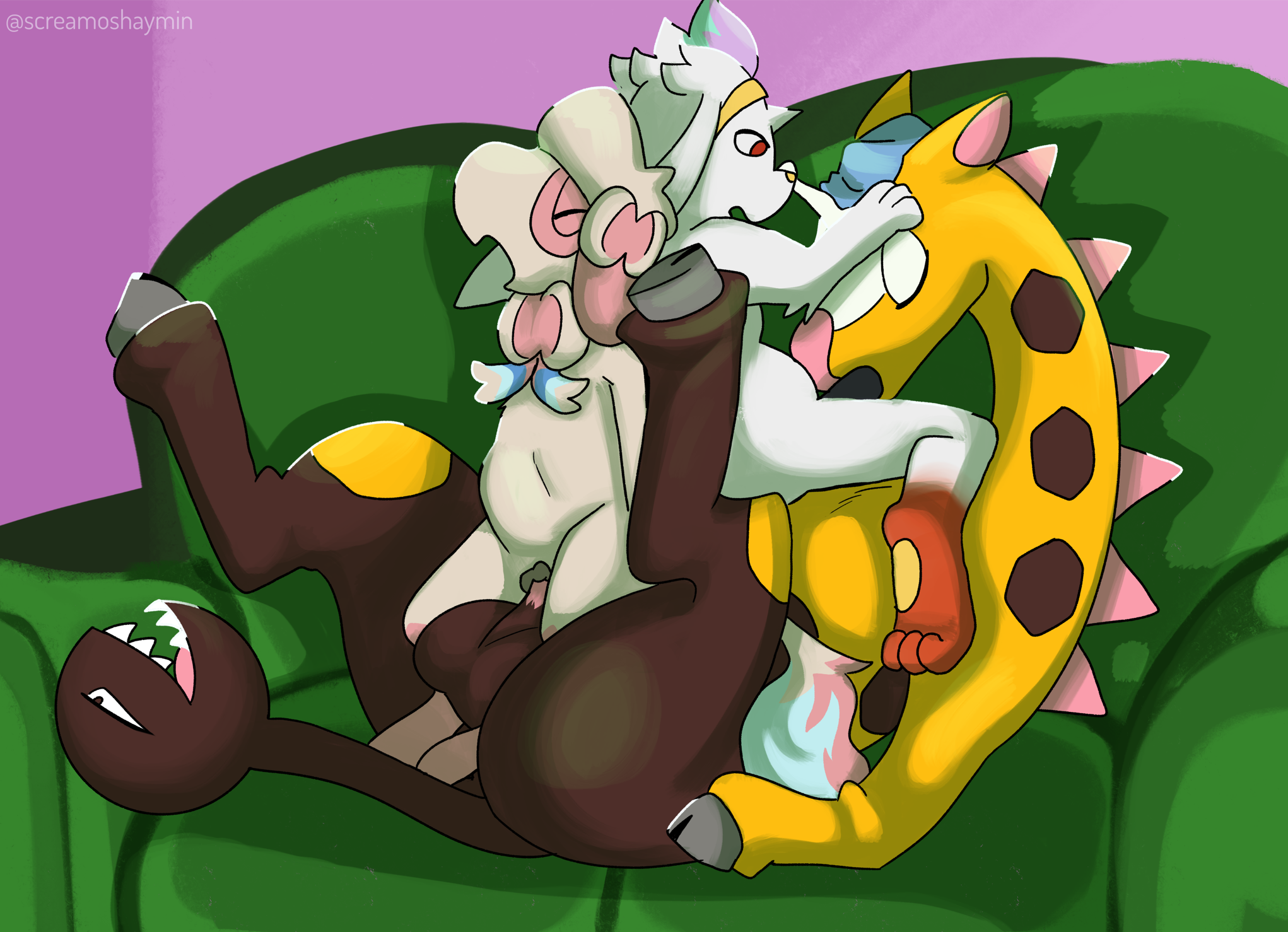 animal_genitalia animal_pussy canine_genitalia canine_pussy eeveelution female furniture generation_2_pokemon generation_6_pokemon generation_8_pokemon genitals girafarig hi_res male male/female male/male nintendo oral pokemon pokemon_(species) pussy raboot screamoshaymin smeargle sofa stomach_bulge sylveon vaginal_penetration