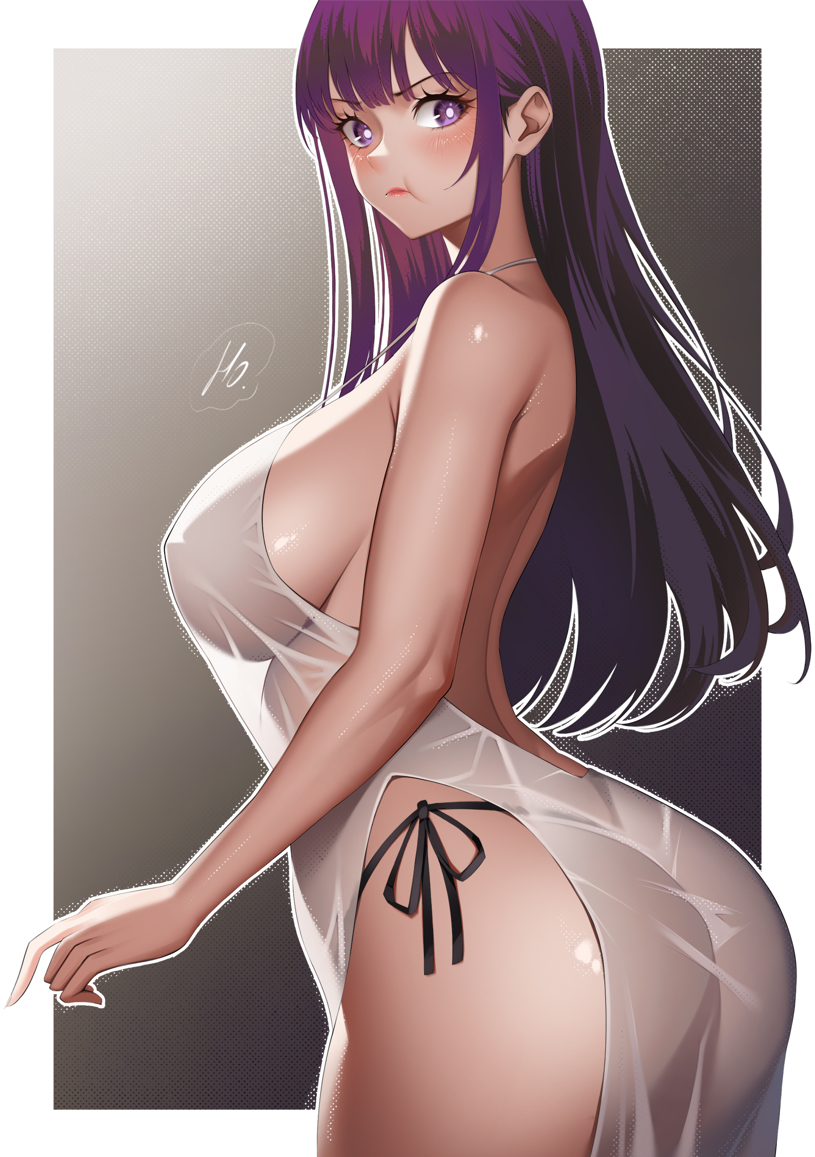 commentary, highres, 1girls, alternate breast size, alternate costume, ass, backless dress, backless outfit, bare shoulders, black panties, blunt bangs, blush, border, breasts, bright pupils, closed mouth, dress, fern (sousou no frieren), from side, hime cut, ho haiiro, large breasts, long hair, looking at viewer, looking to the side, outside border, panties, pout, pouting, purple eyes, purple hair, revealing clothes, see-through, see-through dress, side-tie panties, sideboob, solo, sousou no frieren, underwear, white border, white dress, white pupils, 