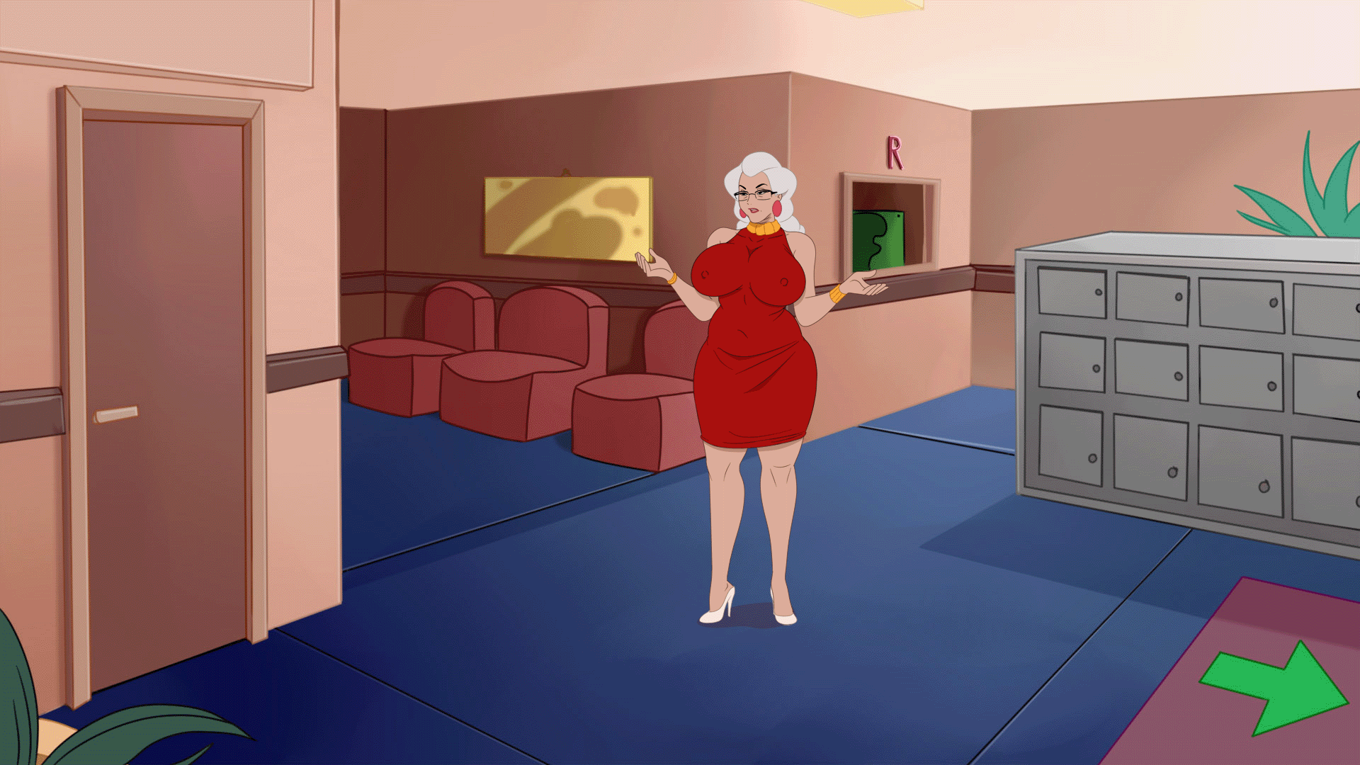 animated ass bbw big_ass big_breasts big_nipples breasts discreenvision female game_cg glasses grey_hair heels huge_breasts inusen lipstick milf milf_boom older_female red_dress