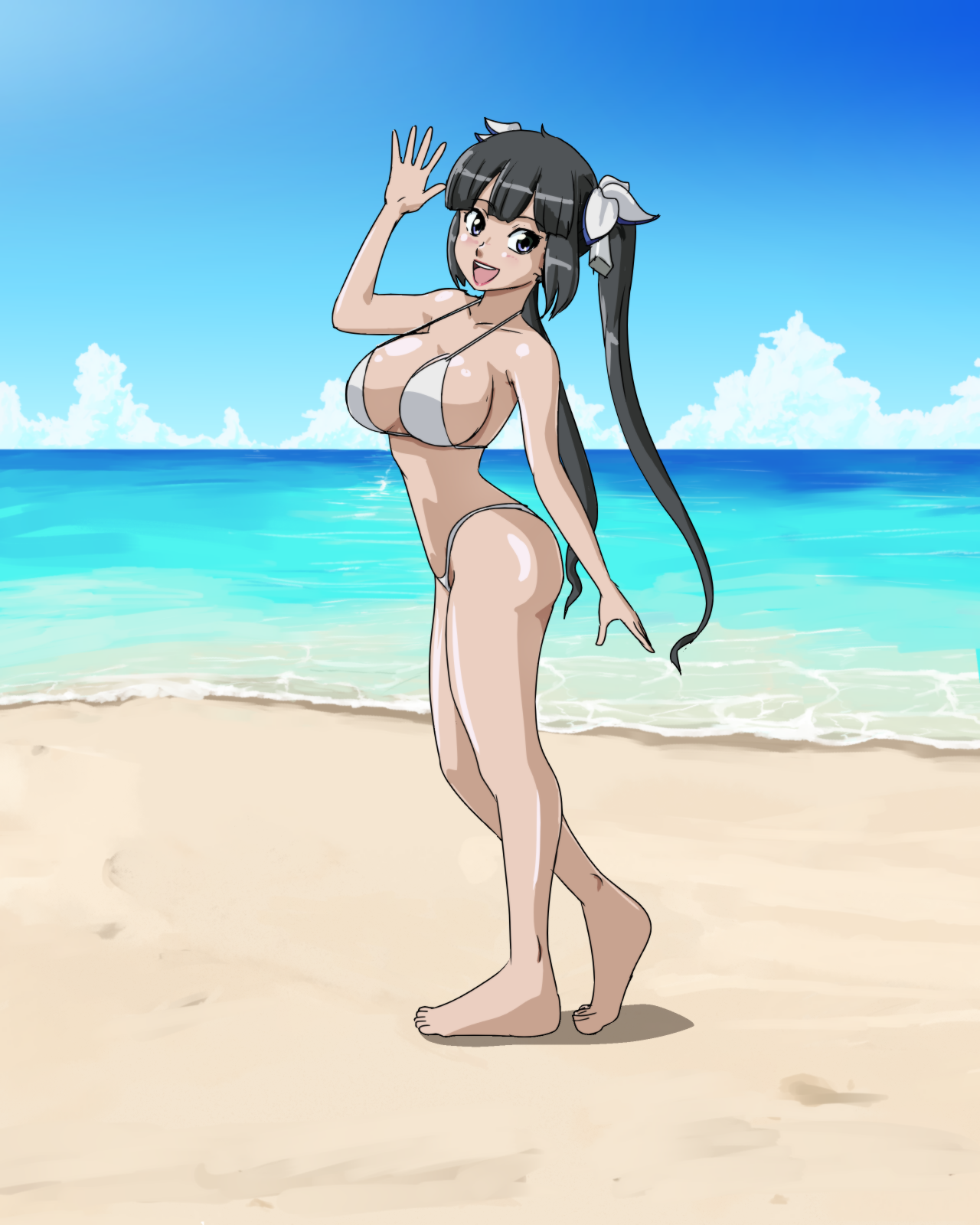 wbd, hestia (danmachi), dungeon ni deai wo motomeru no wa machigatteiru darou ka, highres, 1girls, beach, big breasts, bikini, black hair, blue eyes, breasts, busty, cleavage, feet, female, female only, large breasts, legs, lipstick, long hair, looking at viewer, makeup, ocean, open mouth, pink lips, pink lipstick, sideboob, smile, solo, swimsuit, thighs, twintails, voluptuous, walking, water, white bikini, 