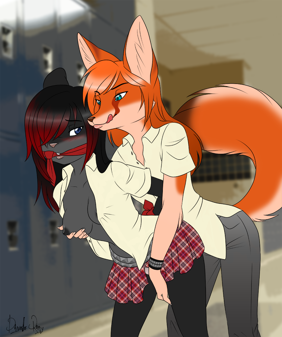 clea, devoid-kiss, cleasach, reina, rhea, anthro, bondage, bound, breasts, canine, female, fennec, fox, fur, furry, grope, kidnap, kidnapped, mammal, molestation, mouse, necktie, nipples, plaid, rodent, school, schoolgirl, skirt, teasing, tongue, uniform, yuri, 