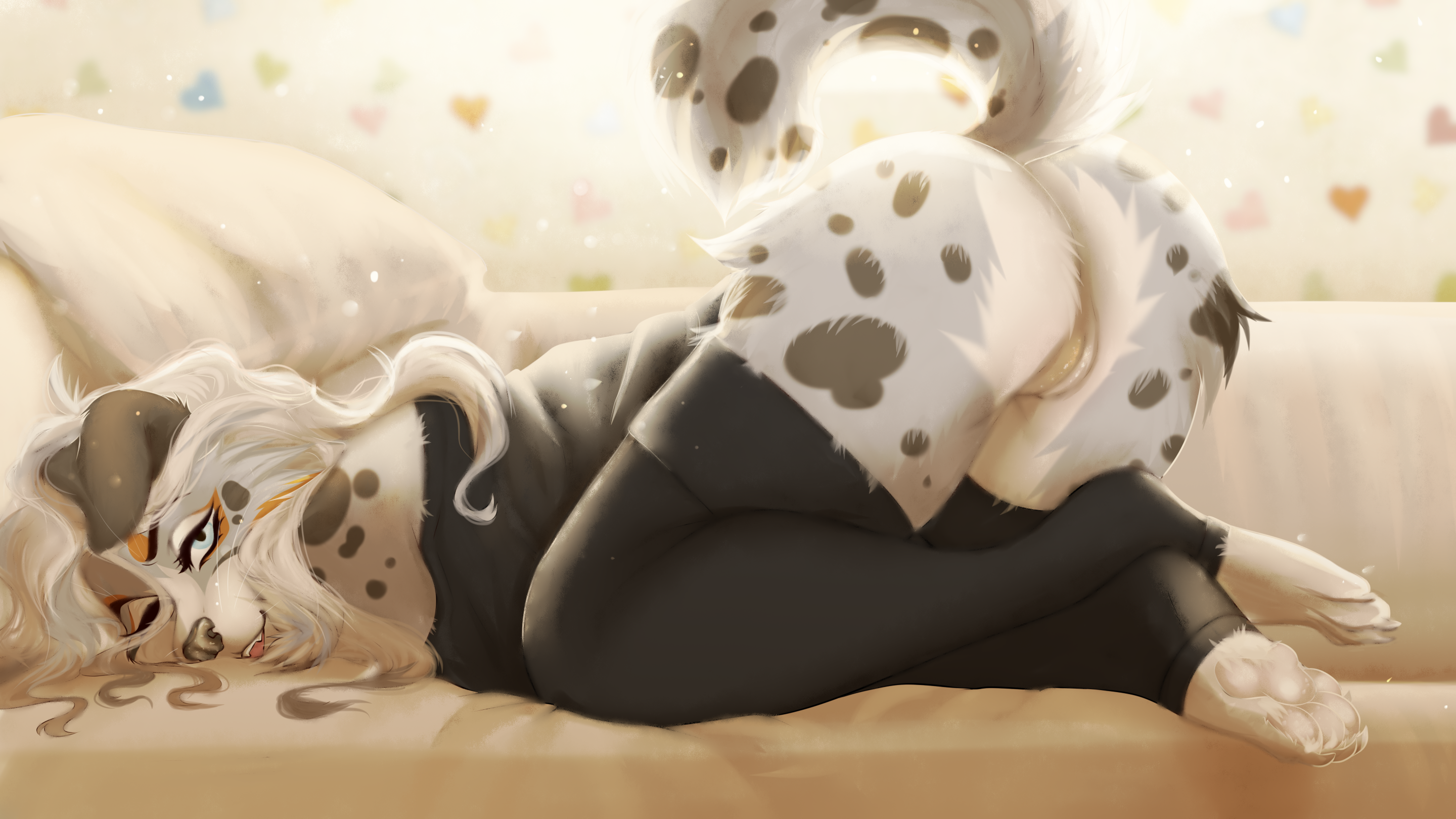 16:9, 2020, digital media (artwork), hi res, shaded, anthro, ass, biped, canid, canine, canis, clothed, clothing, domestic dog, female, fur, genitals, hair, inside, juliashandor, legwear, looking at viewer, lying, mammal, on front, paws, pussy, solo, thigh highs, topwear, white body, white fur, white hair, widescreen, zugelly-lucia, 