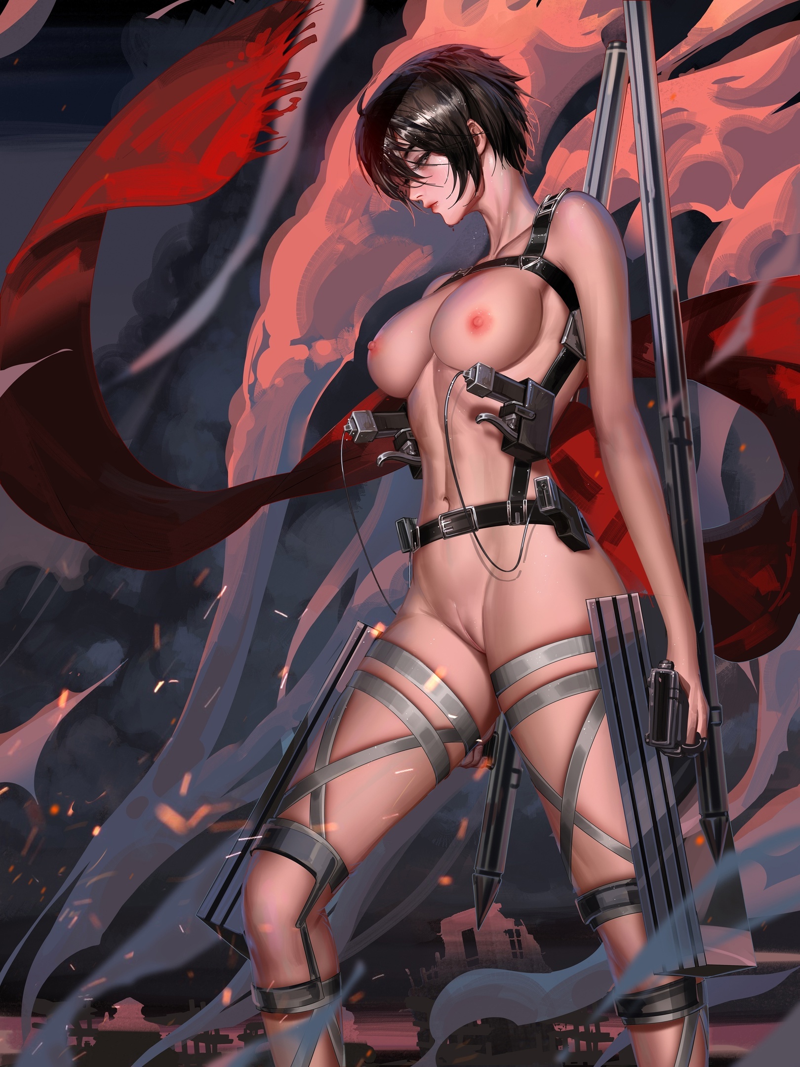 liang xing, mikasa ackerman, attack on titan, asian, asian female, big breasts, black hair, completely nude, harness, missile, nude, pussy, scarf, short hair, smoke, toned female, 