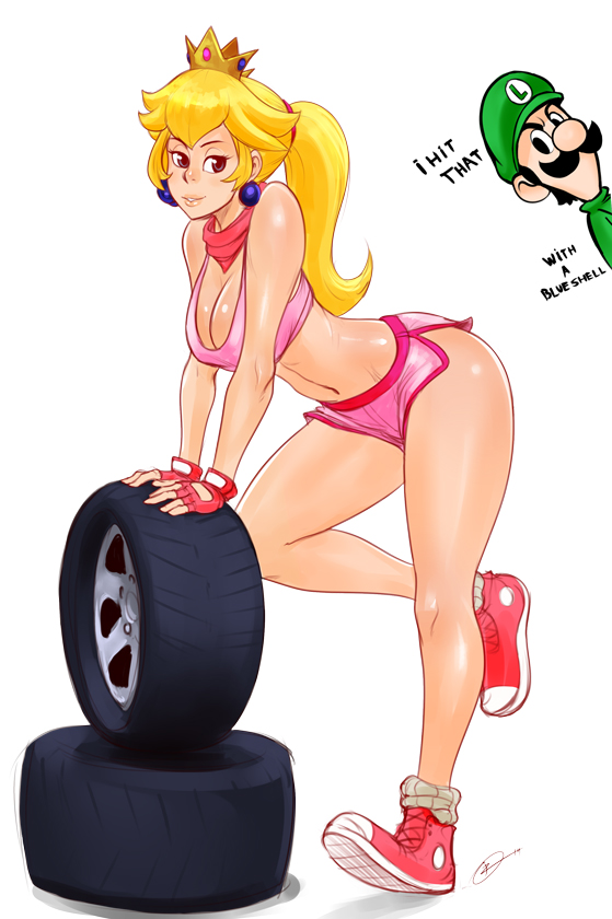 izra, luigi, princess peach, mario kart, nintendo, super mario bros., 2014, 1boy, 1girls, ass, blonde hair, blue eyes, breasts, cleavage, crown, earrings, female, fingerless gloves, gloves, large breasts, looking at another, looking at viewer, male, navel, ponytail, shoes, shorts, sneakers, tank top, tied hair, tire, voyeur, 