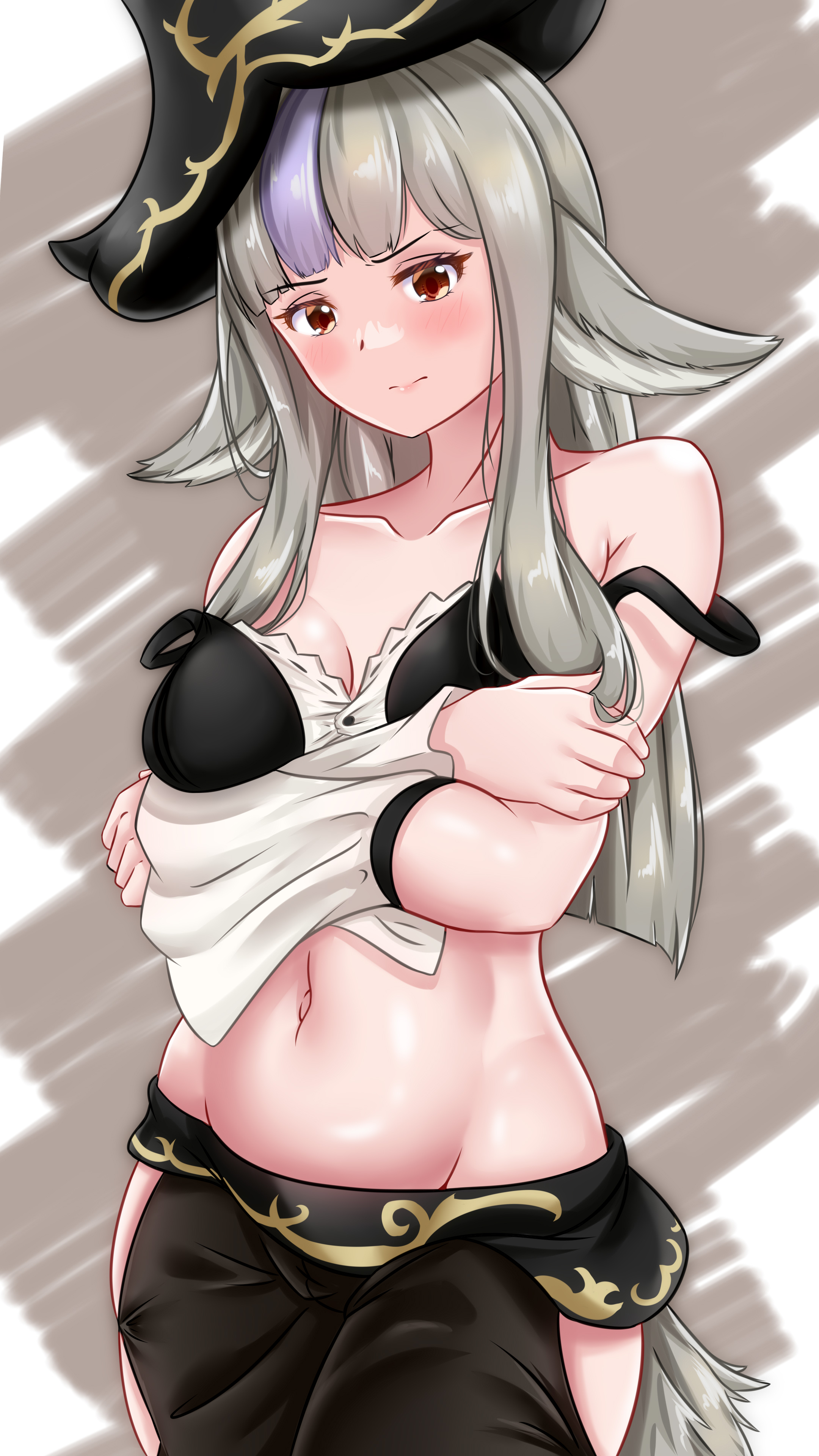 velouria (fire emblem), fire emblem, fire emblem fates, league of legends, nintendo, crossover, 1girls, alternate costume, animal ears, arada, breasts, cosplay, female, female only, grey hair, large breasts, miss fortune (cosplay), multicolored hair, purple hair, solo, tail, wolf ears, wolf girl, 