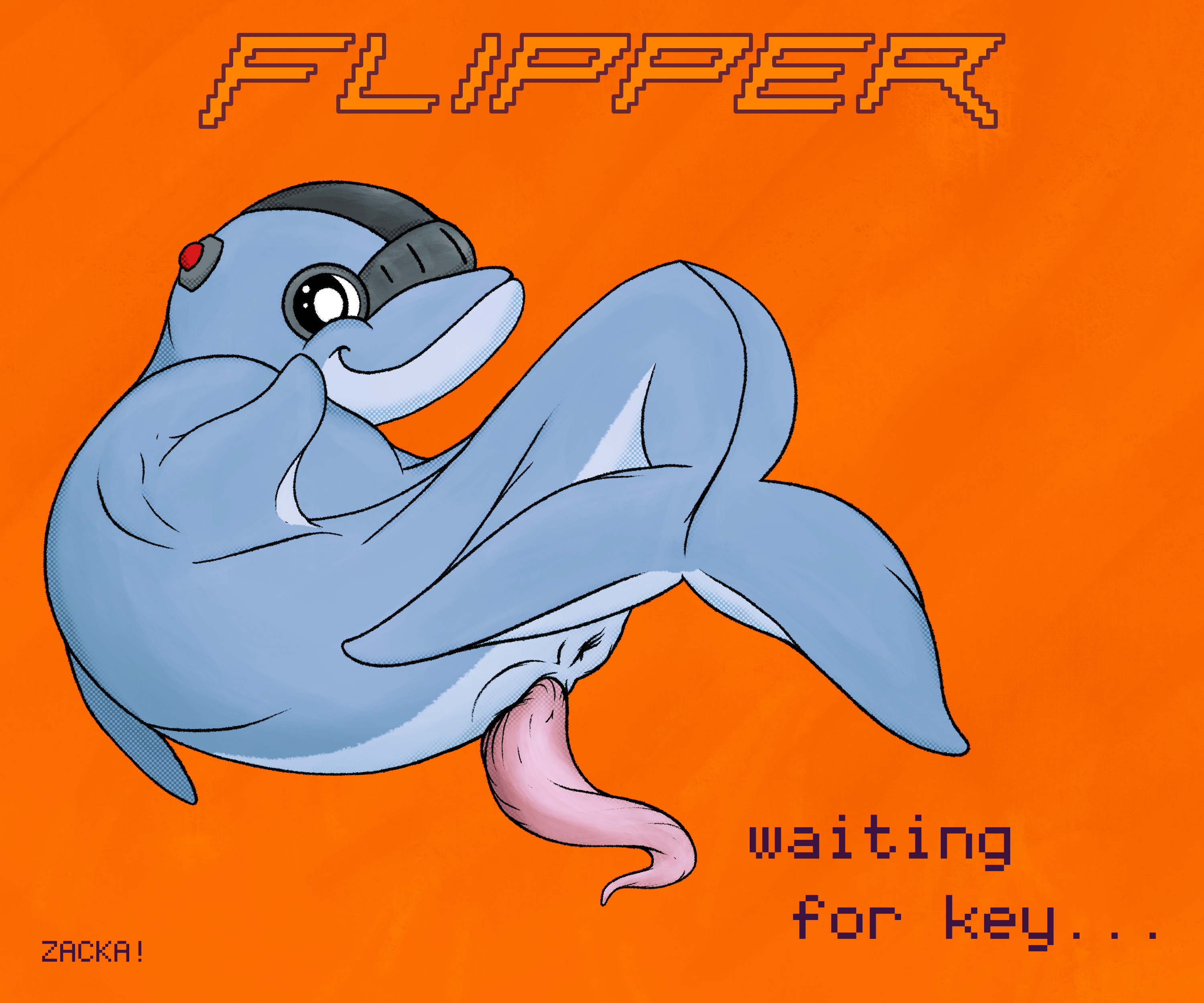absurd res, digital media (artwork), hi res, orange background, simple background, text, 2023, animal genitalia, animal penis, anus, armor, ass, beckoning, bedroom eyes, black outline, black pupils, bottlenose dolphin, cartoon eyes, casual nudity, cetacean, cetacean genitalia, cetacean penis, dolphin, dorsal fin, erection, eyewear, eyewear on head, feral, fin, flipper zero, flippers, genital slit, genitals, gesture, goggles, goggles on head, grey body, grey skin, hacking, headgear, helmet, looking at viewer, looking back, male, mammal, marine, multicolored body, narrowed eyes, nude, oceanic dolphin, outline, penis, pink penis, playful, portrait, prehensile penis, presenting, presenting anus, presenting hindquarters, presenting penis, pupils, rear view, rostrum, seductive, signature, slit, smile, solo, sparkling eyes, tail, tail fin, tapering penis, toothed whale, two tone body, wifi, zackashang, 