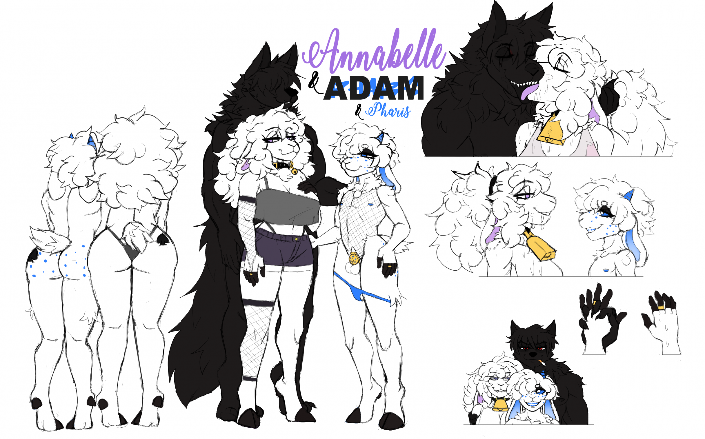 anthro bell bell_collar black_body black_fur blue_horn bodily_fluids bottomwear bovid breasts butcher_pal canid canine canis caprine chastity_cage chastity_device clothed clothing collar cuckold digit_ring drooling female femboy fishnet_clothing flat_chastity_cage french_kissing fur group hi_res horn hotpants jewelry kissing male male/female mammal married_couple panties ring saliva sheep shorts skimpy smile trio underwear wedding_ring white_body white_fur wolf