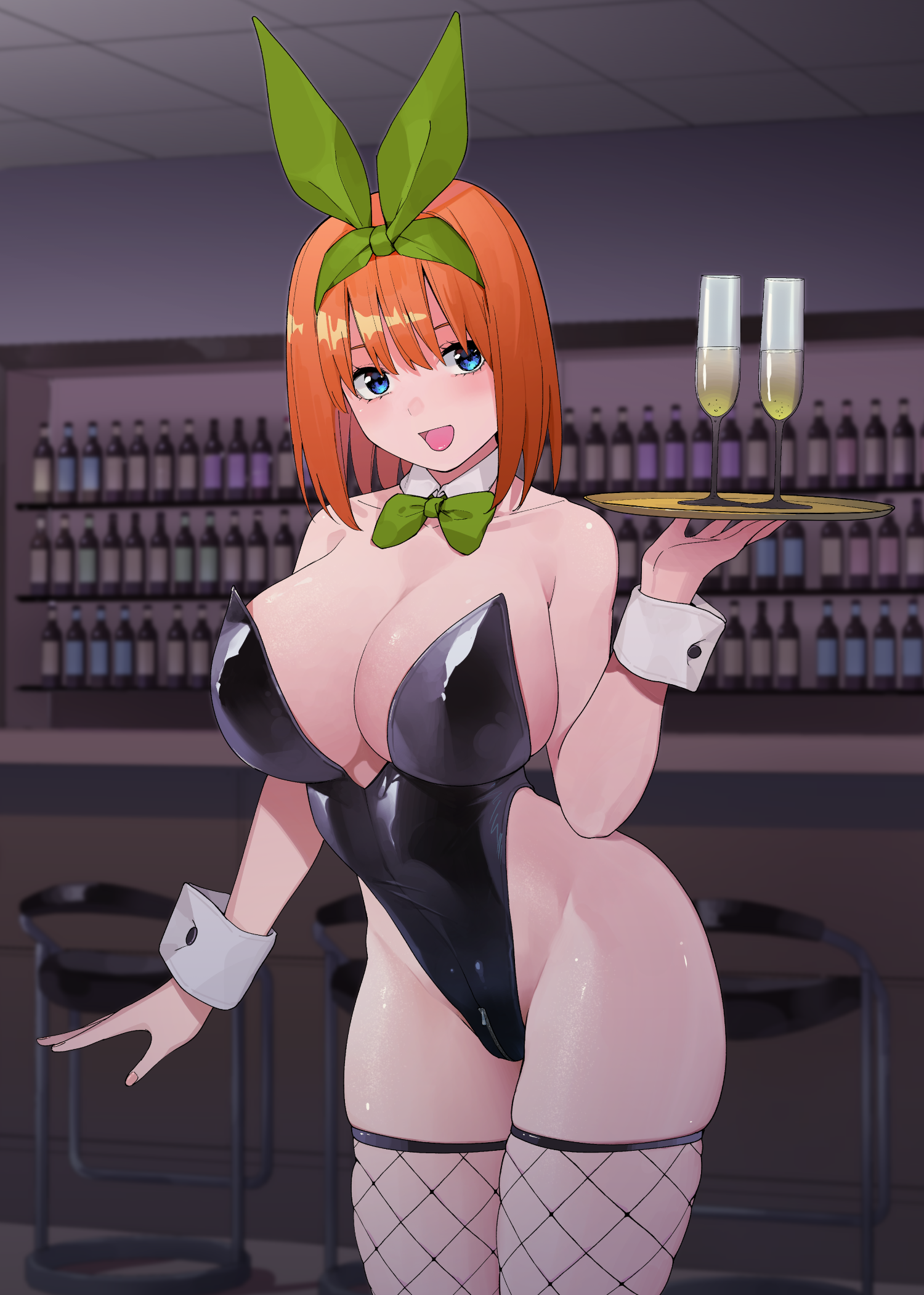 1girls :d alternate_breast_size alternate_costume animal_ears bar_(place) black_leotard blue_eyes bottle bow bowtie breasts cleavage crotch_zipper cup detached_collar female female_only fishnet_thighhighs fishnets go-toubun_no_hanayome green_bow green_bowtie green_ribbons hair_between_eyes hair_ribbon highleg highleg_leotard highres holding holding_tray huge_breasts indoors kosmos_beta leotard looking_at_viewer nakano_yotsuba open_mouth orange_hair playboy_bunny revealing_clothes ribbon shiny_clothes smile solo thighhighs tray white_wrist_cuffs wing_collar wrist_cuffs zipper